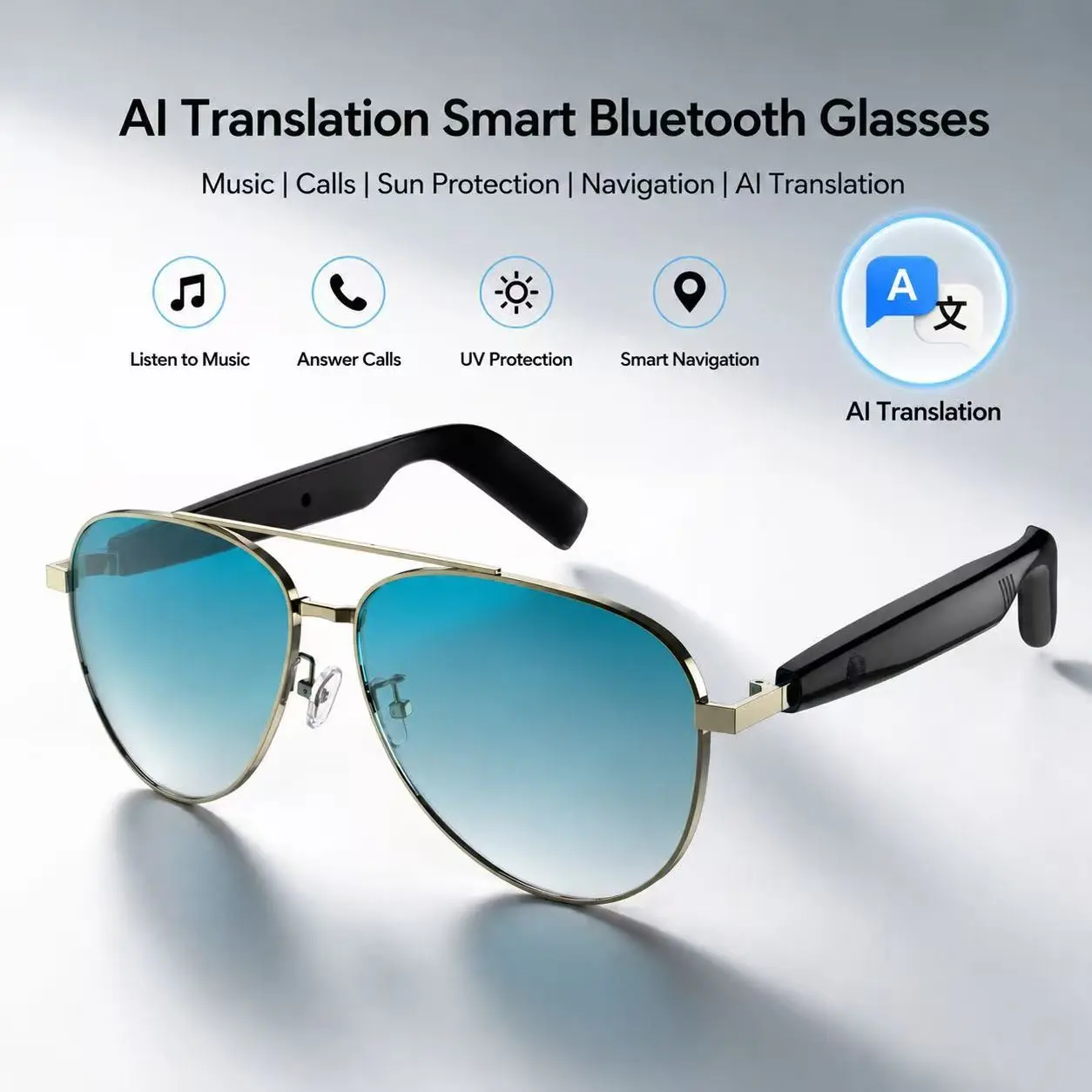 AI Bluetooth smart glasses, Wireless audio glasses, audio sunglasses, supporting translation of multiple language apps, in ear automatic detection switch, sweat proof, sunscreen sunglasses, suitable for travel, navigation, Wireless audio eyewear
