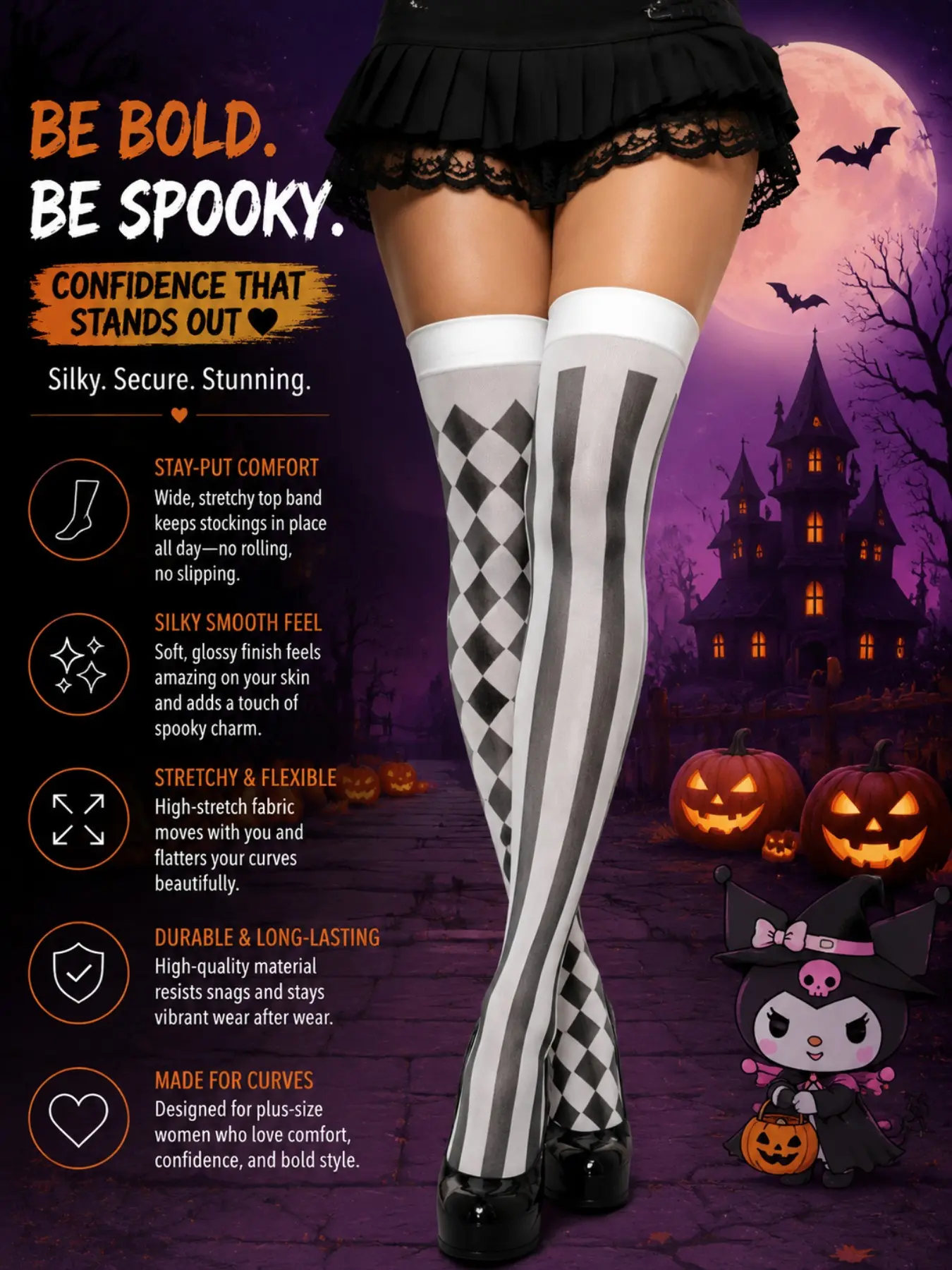 Women's Over-The-Knee Stocking Socks with Halloween Rhombus Pattern, Comfortable, Perfect for Halloween, Role Play, Daily Wear