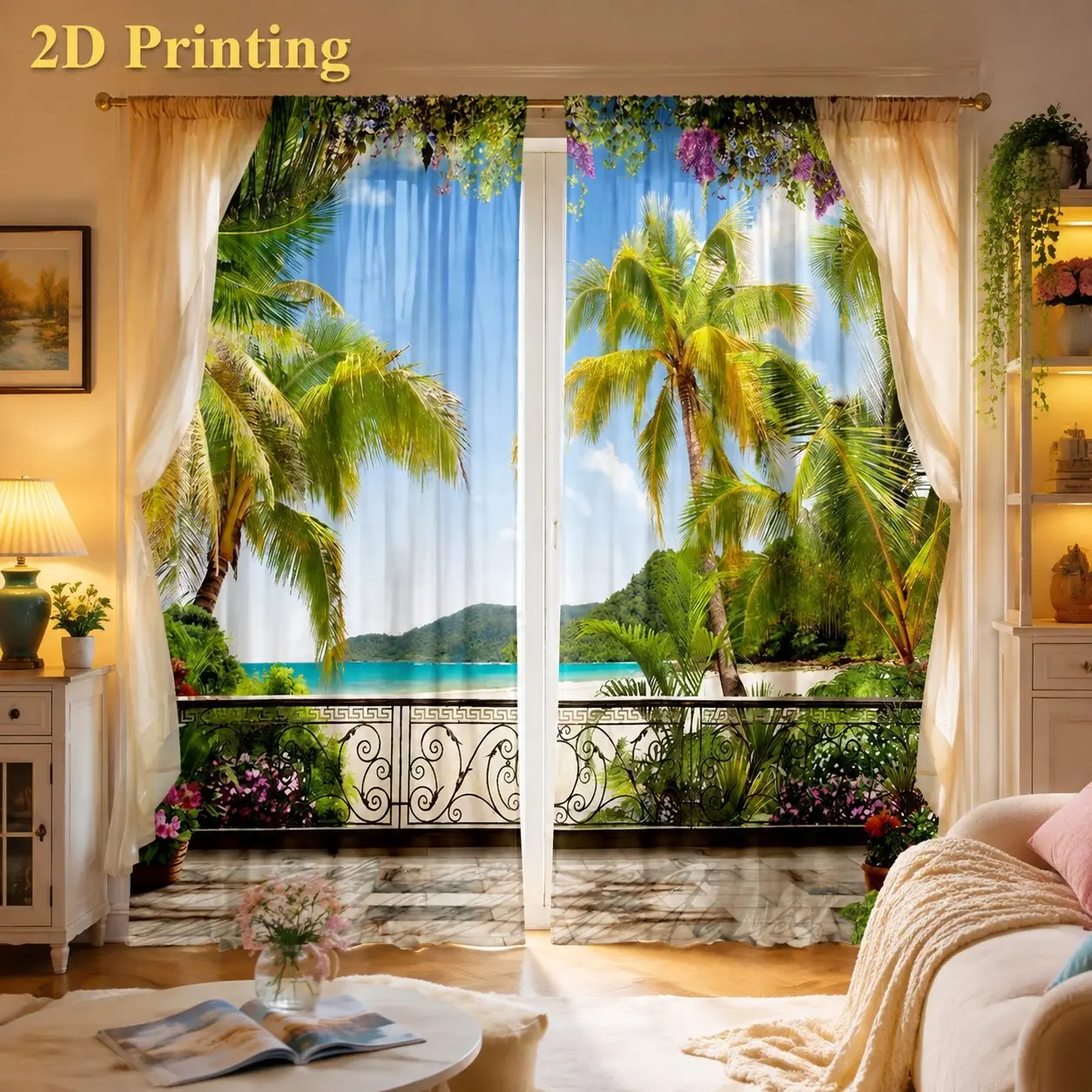 2-piece Fashionable Balcony Landscape Print Curtain Rod Pockets, Semi-transparent Polyester, Suitable for Home Decor in Bedrooms, Offices, Kitchens, Living Rooms, and Study Rooms