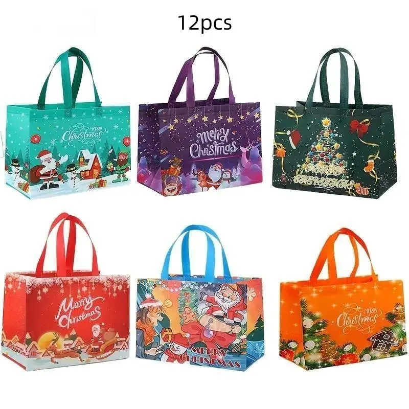 Large Christmas Tote Gift Bags, 12/24pcs Reusable Non-Woven Fabric with Handles, Holiday Party Favors, Grocery Shopping Totes