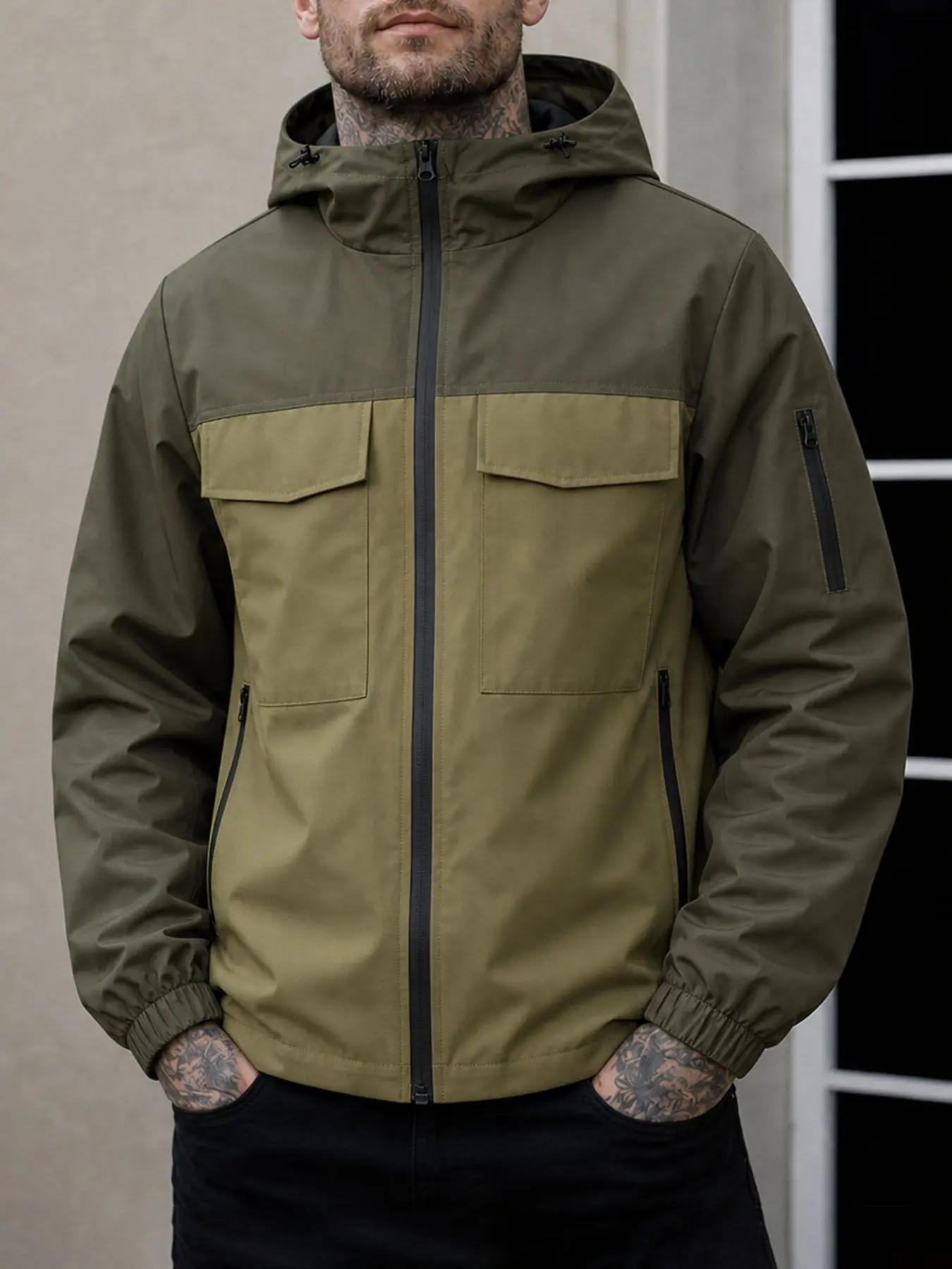 Men's Military Patchwork Hooded Work Jacket, Multi-Pocket Zip Design, Adjustable Hat Opening, Loose Fit Casual Outerwear