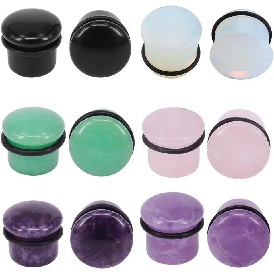 6Pairs 4g-11/16” Multiple Stone Single Flared Ear Plugs with  O-Ring Expander Gauges