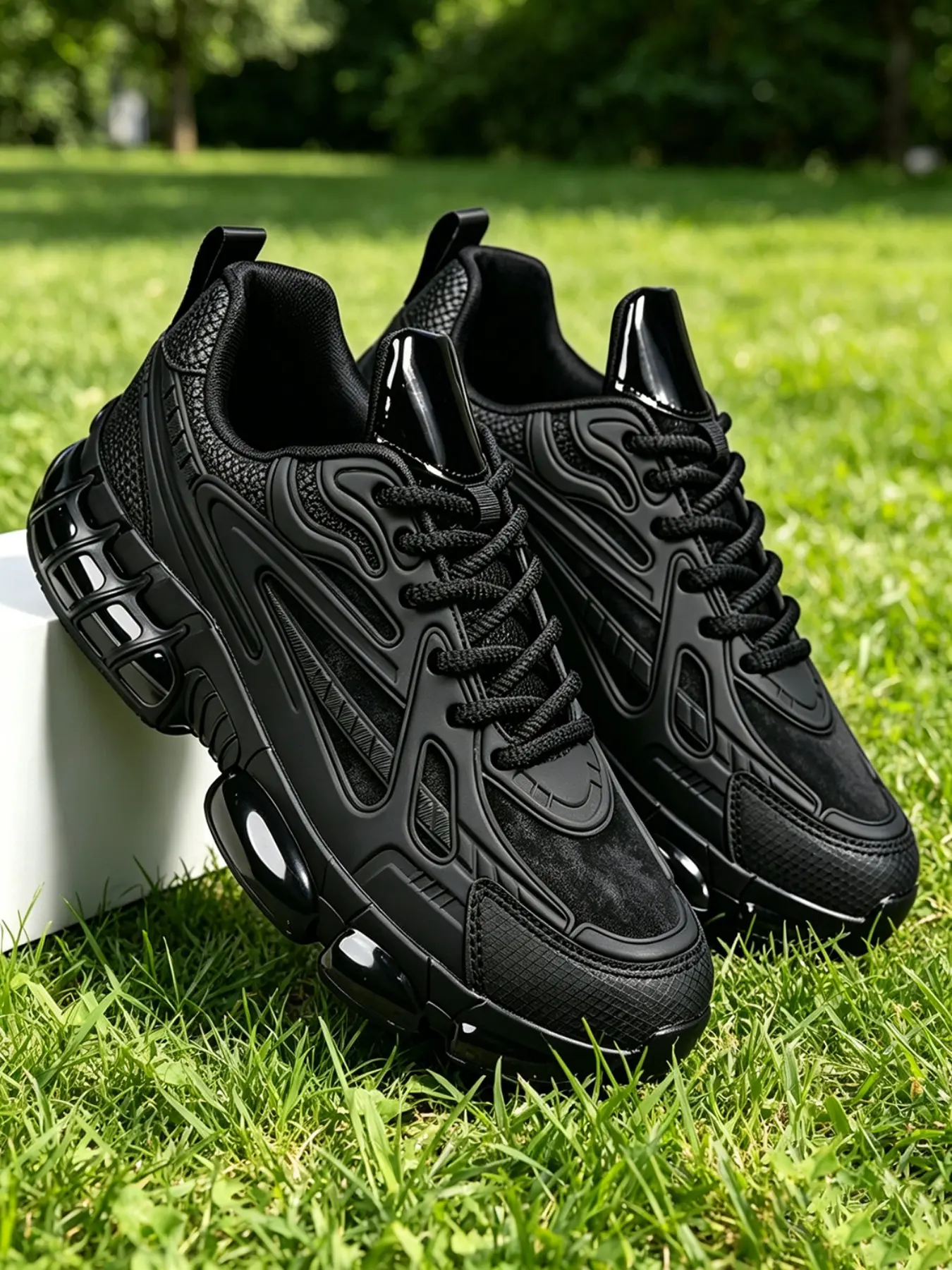 Men's Sporty Athletic Workout Sneakers, Breathable Mesh with 3D Patches, Cyberpunk Style Training Shoes, Shock Absorbing Thick Sole, Durable and Eye-Catching