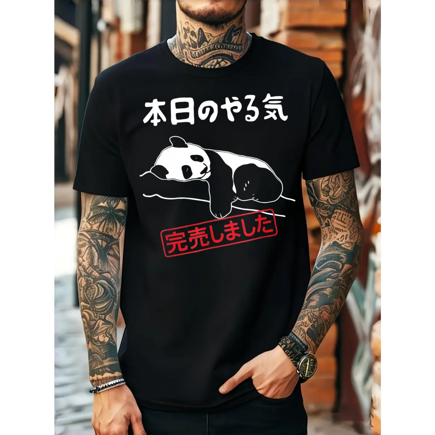Men's Short-Sleeve Round Neck T-Shirt - Stylish Simple Casual Streetwear, Funny Panda With Japanese Text Graphic, Summer Daily Wear Boyfriend Gift For Matching Outfits, Shortsleeve, Crew Neck