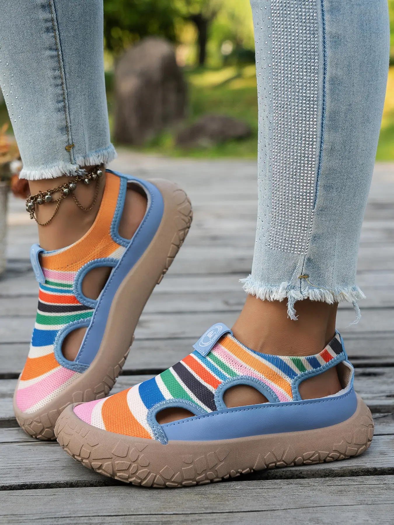 Women's Rainbow Striped Hollow Out Colorful Platform Sandals, Breathable Textile Flatform, Casual Round Toe, Anti-Slip Thick Sole, Summer Outdoor Beach Casual Shoes