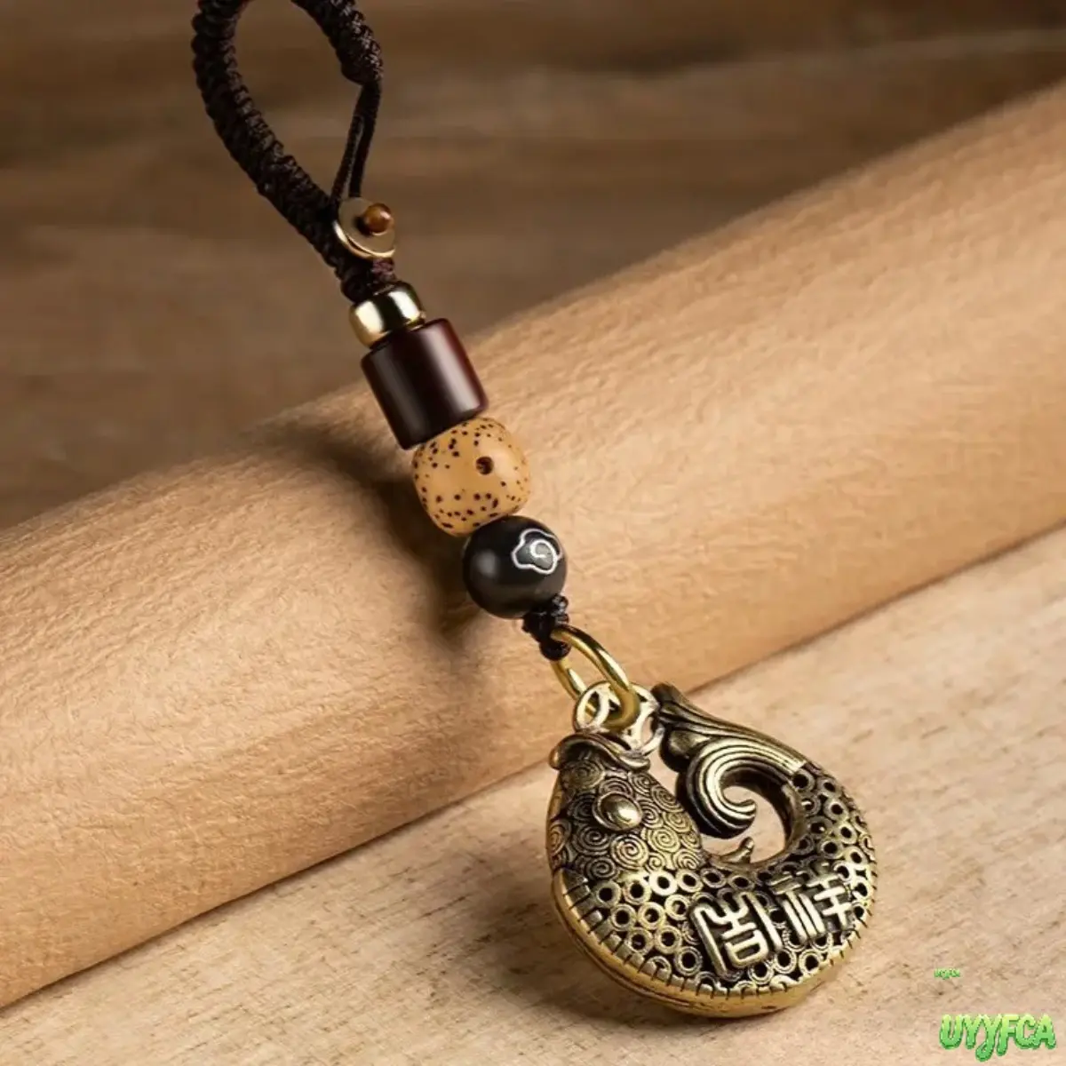 Hollow Carved Brass Fortune Fish Keychain, Woven Brown Cord Mixed Wood Bead Lucky Blessing Pendant, Vintage Chinese Auspicious Carp Bag Charm, Lightweight Traditional Talisman Accessory For Car Keys Handbag Backpack