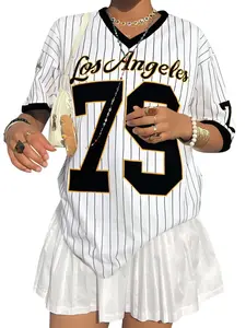 Women Los Angeles 79 Striped Baseball Jersey, Casual Jersey, V Neck, Irregular Curved Hem, Mesh Short Sleeve, Vintage La Number Print, 8 Colors
