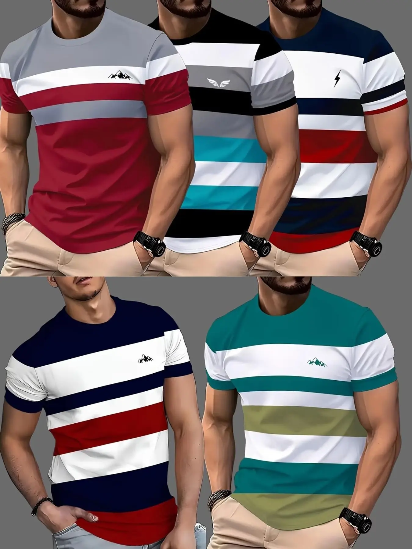 Men's 5-Pack Loose-Fit Short Sleeve T-Shirts, All over Print, High Stretch, Breathable, Casual Summer Wear, Round Neck, Multi-Color Stripes, Streetwear