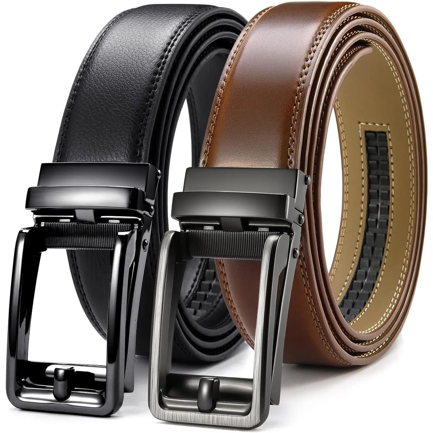 Click Belts for Men 2 Pack - 1 3/8" Leather Ratchet Belt | Trim to Fit,  Box, -adjustable, Scratch Resistant Buckle, Formal Suits, Dress Pants, Casual Jeans, Golf