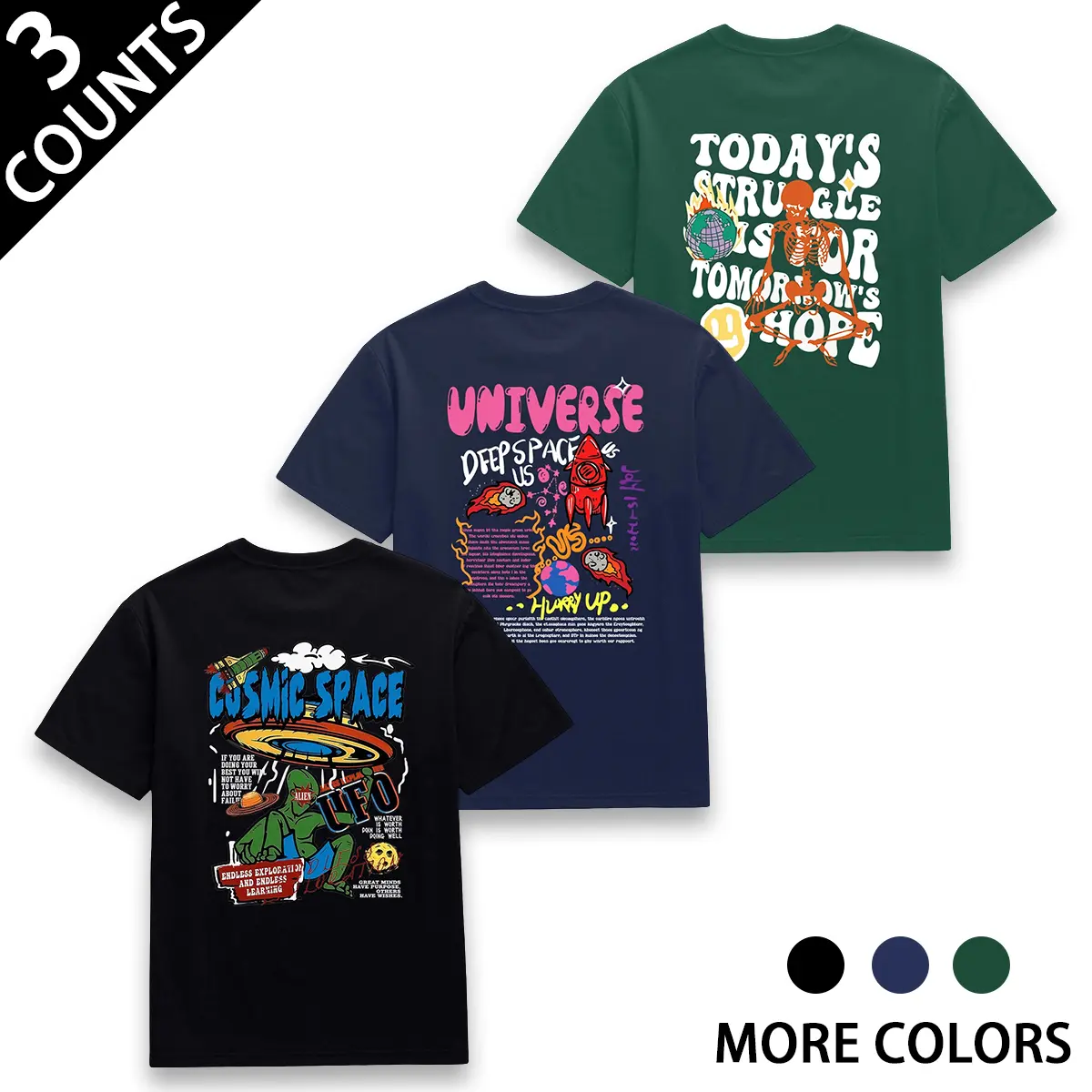 Men's 3-Piece Retro Printed T-Shirt Set - Short Sleeve Menswear Streetwear Tops with Letter Back Print, Soft, Breathable, Loose Casual Tops for Daily Travel, Holidays, Shortsleeve