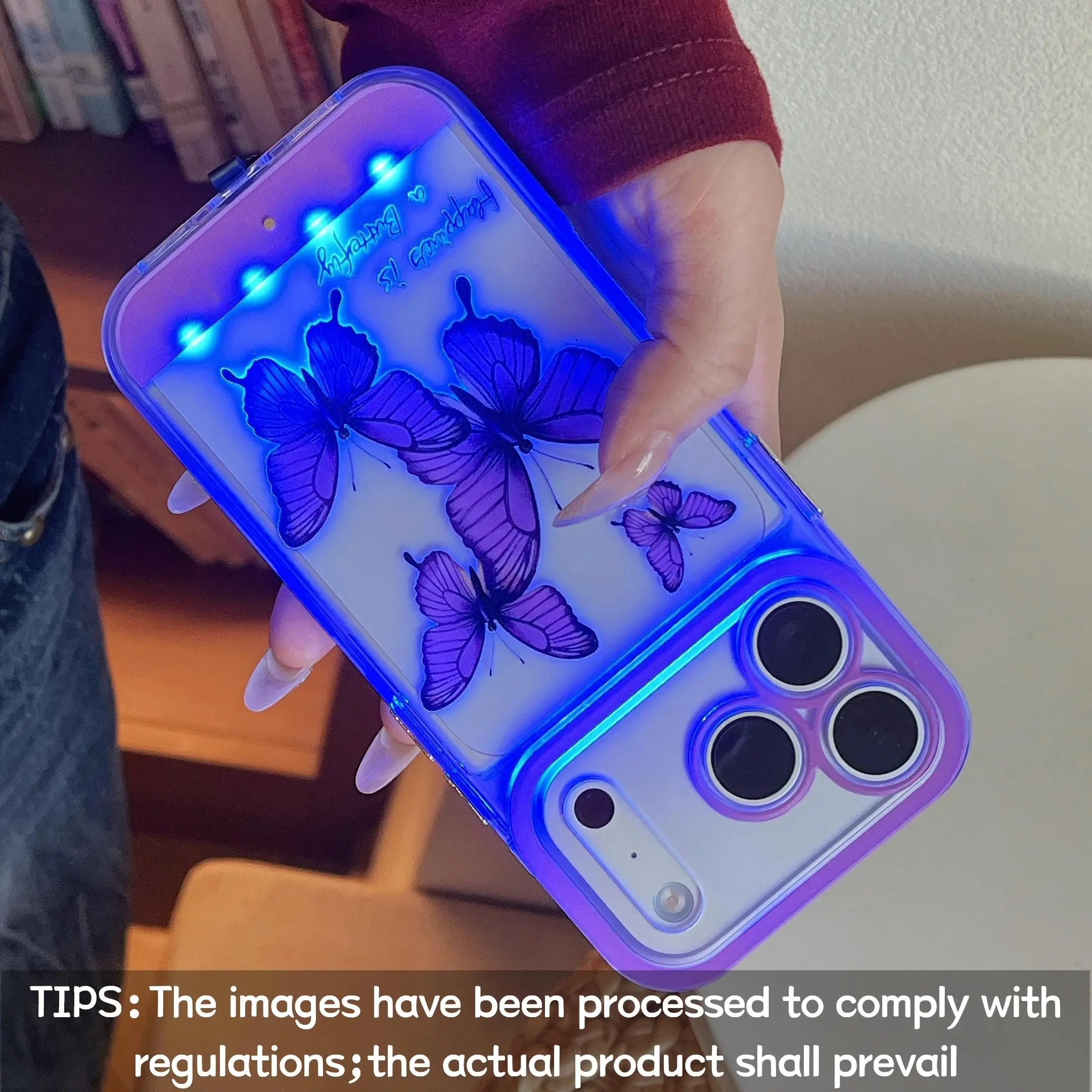 Vibrant LED Purple Butterfly Phone Case, personalized incoming call light design, compatible with iPhone x/xr/xsmax/11/12/13/14/15 Pro/Pro Max/Plus, dreamy purple butterfly style, protective case, Tpu smartphone casing, unique design