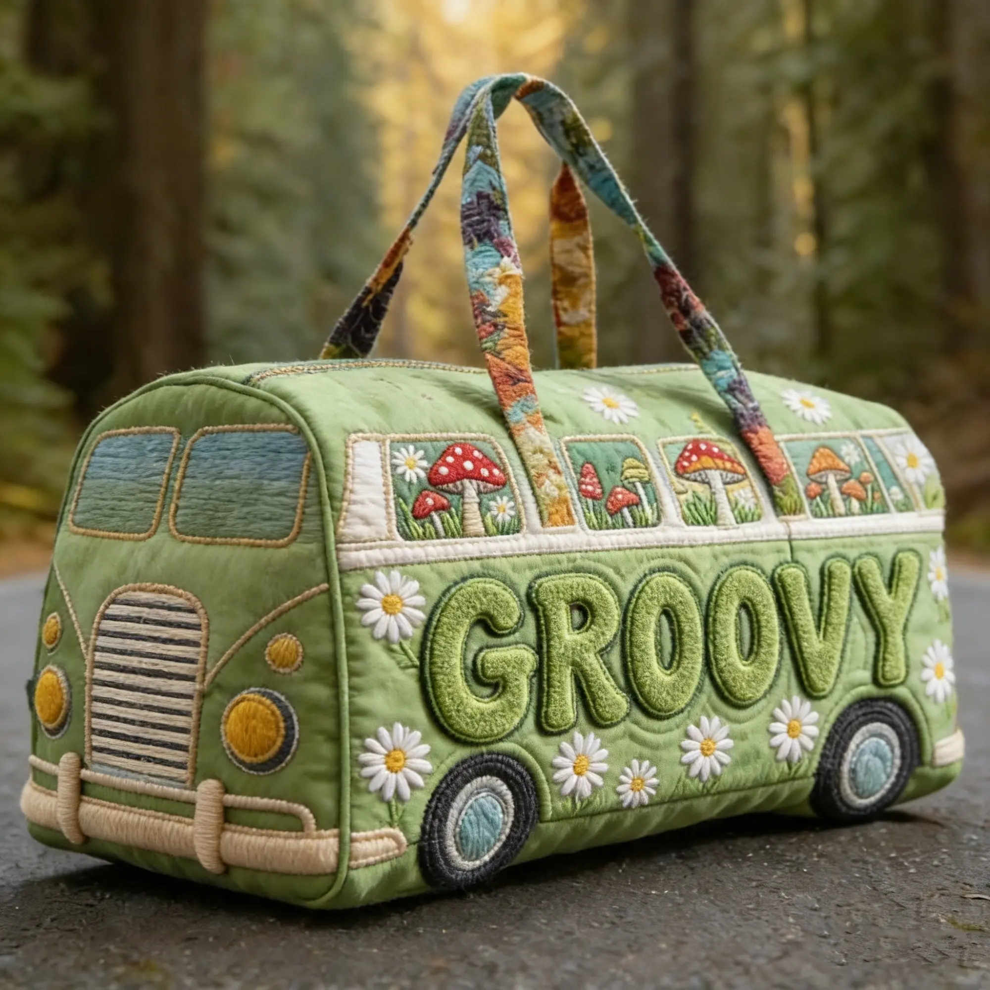 Boho Mushroom Van Weekender Quilted Duffel - Large Capacity Hippie Aesthetic Travel Tote for Women, Unique Gym Bag, Camping Essentials, Summerwins, Father's Day Gifts, Camping Gear, Tote Bags, Travel Bag