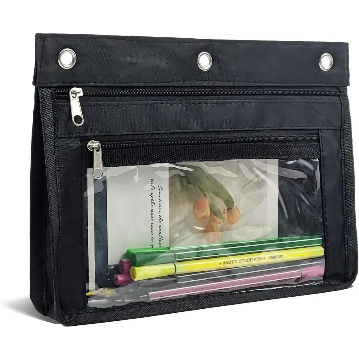 1 Pack Pencil Pouch for 3 Ring Binder, Expandable Binder Pouches with Zipper, Large Capacity Pen Holder Case with Clear Window School Class Office Organizers, Black