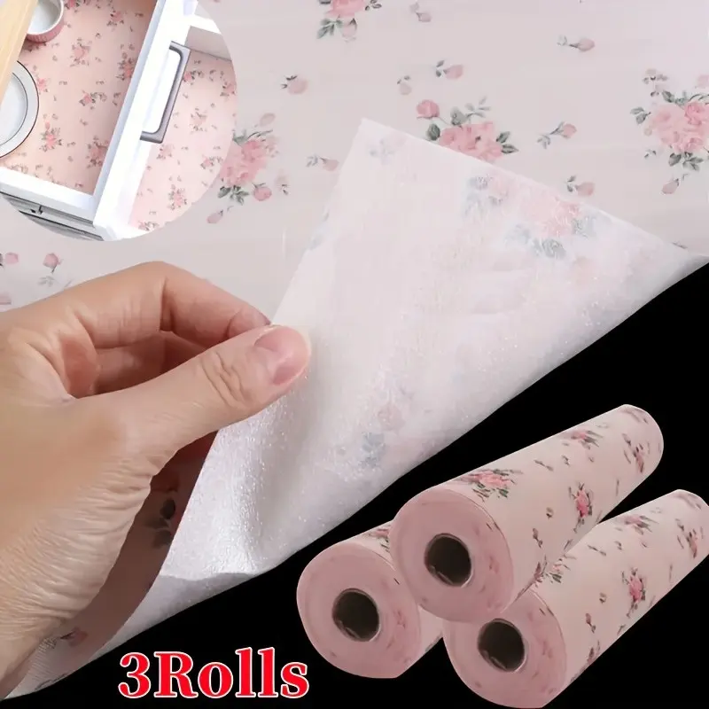 3 Roll Moisture-Proof Printed Cabinet Liner, Strawberry/rose Pattern, Cuttable Shoe Cabinet Pad, Wardrobe Pad for Kitchen Supplies