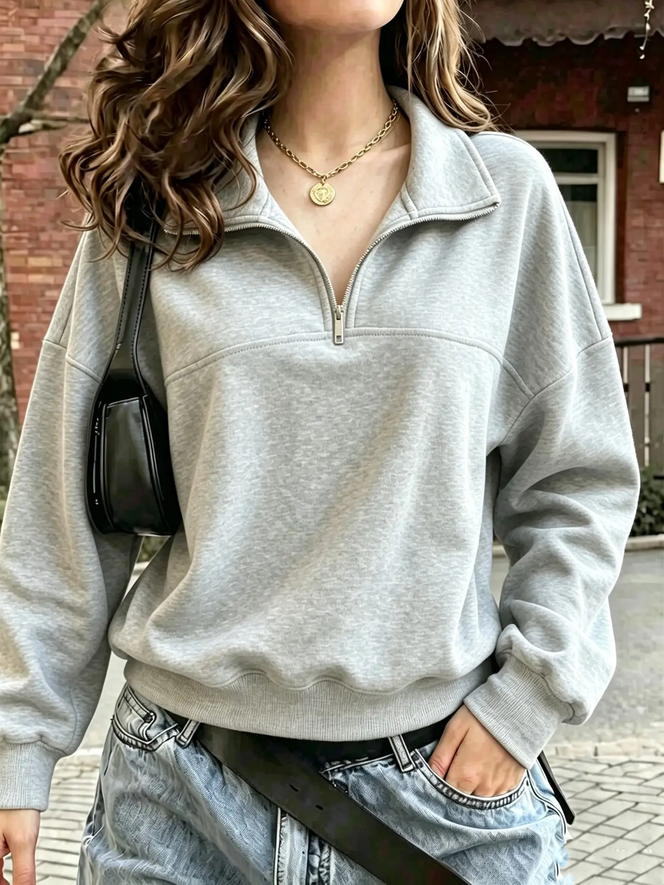 Women's Fall Winter Long Sleeve Pullover, Loose Fit Zipper Half High Neck Hoodie Sweatshirt, Casual Plain Warm Top for Daily Wear