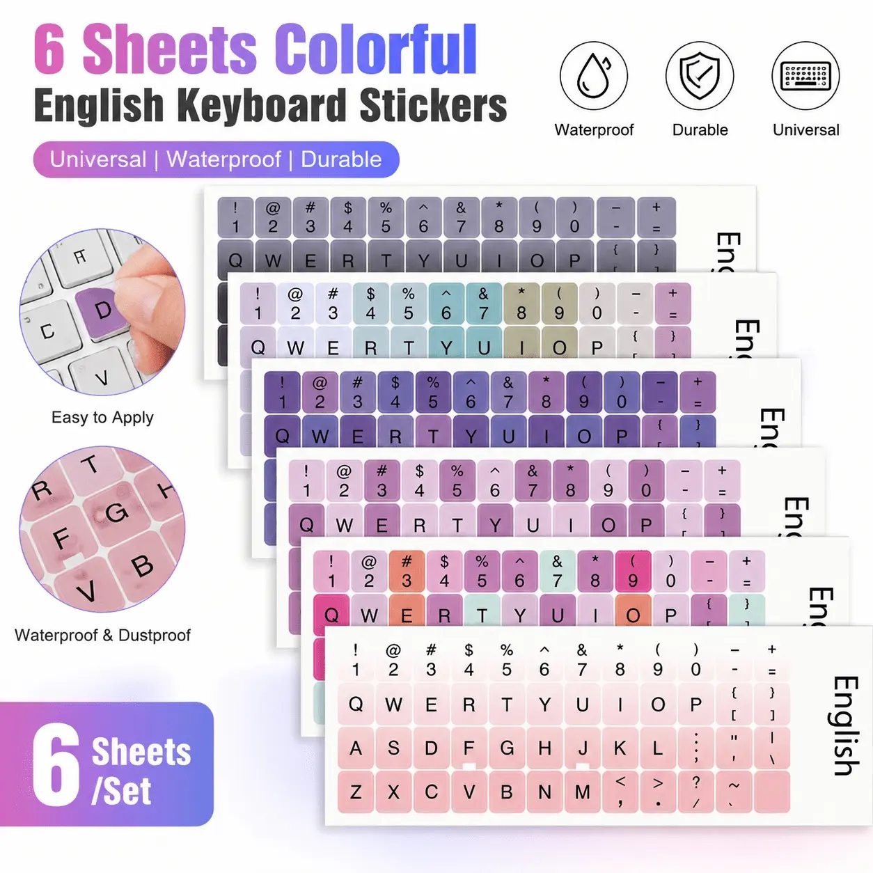6 Sheets/Set Colorful Universal English Keyboard Stickers, PC Laptop Desktop English Keyboard Letter Stickers Graffiti Adhesive Stickers