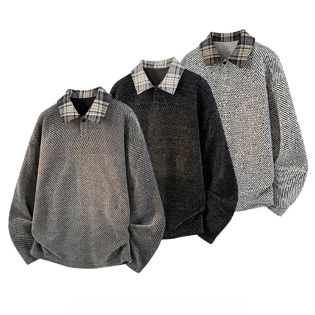 Men's Textured Oversized Plaid Sweatshirt Jacket - Mens Clothing, Contrast Plaid Spliced Collar, Loose-Fit Vintage Casual Outerwear for Daily Commute, Machine Washable Polyester Medium Length Top, Vintage Street #CleanFit, Sweatshirts, Men’s Clothes, Long