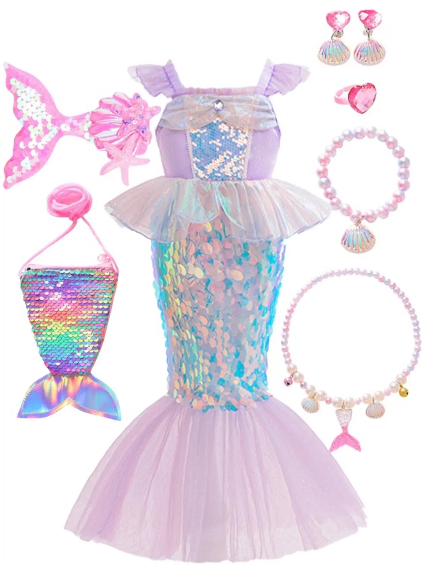(Dress + all accessories)Children Mermaid Princess Dress Cosplay Ariel Girls Dress Kids Girls Mermaid Princess Dress Ruffle Gradient Cosplay Costume