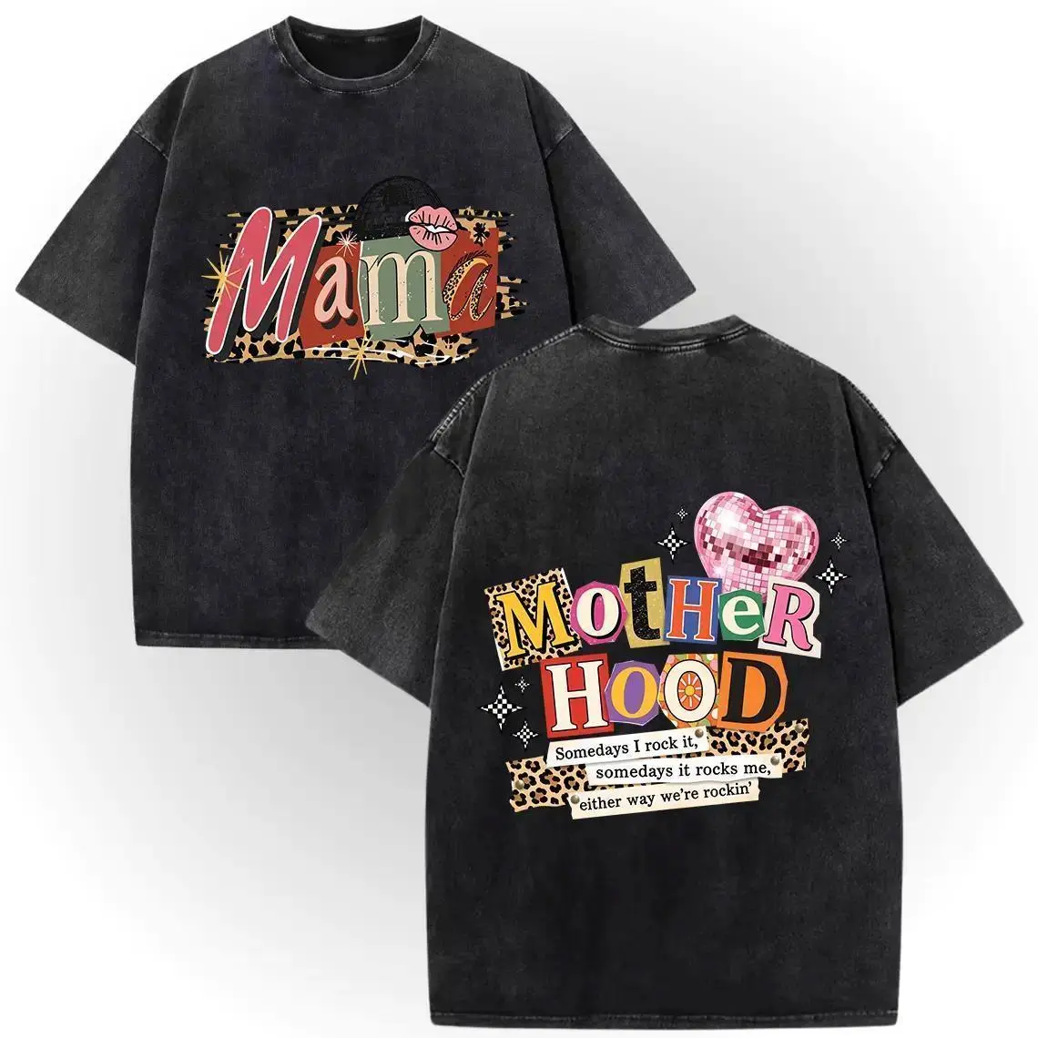 Vintage Wash Mothers Day Mom Tee – 100% Cotton Double-Sided Print, Motherhood, Leopard Print, Colorful Mom Style, Mixed Media Lettering. Lovely Gift For Mom Wife # TikTokMadeMeBuyIt # GiftIdeas # GiftForHer