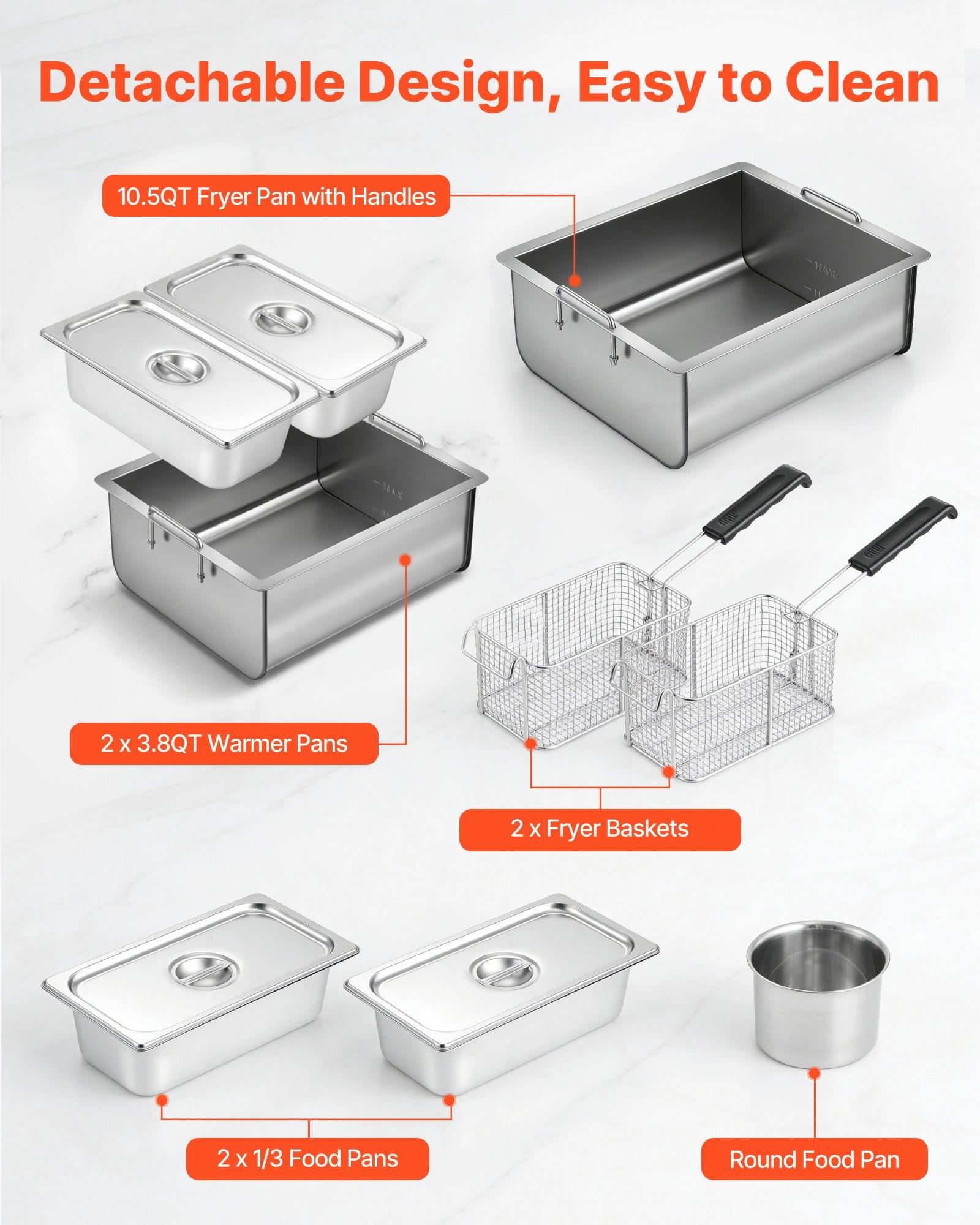 VEVOR Outdoor Propane Deep Fryer, 2 Burners (11,600 BTU Each), Commercial Fryer with Two 1/3 Size Food Warming Pans, Multi-Purpose Frying Cart with 4 Lockable Wheels, for Fried Chicken & Fries