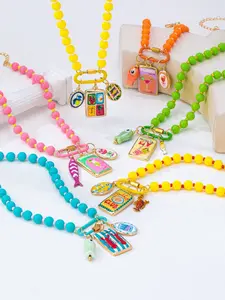 6Pcs Summer Colorful Boho Beaded Necklace with Enamel Fish, Flower, Lobster & Lemon Charms - Stainless Steel Carabiner Clasp Pendant & Interchangble Tropical Charms - Layered Statement Jewelry for Women
