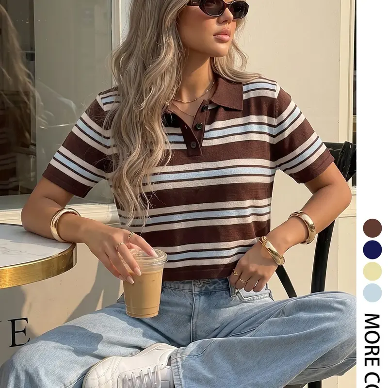 Elegant Women's Spring Summer Fashion Casual Home Office Commute Basic Simple Fitted Knit Striped Collar Button Half Open Short Sleeve Pullover Tops Collared Top