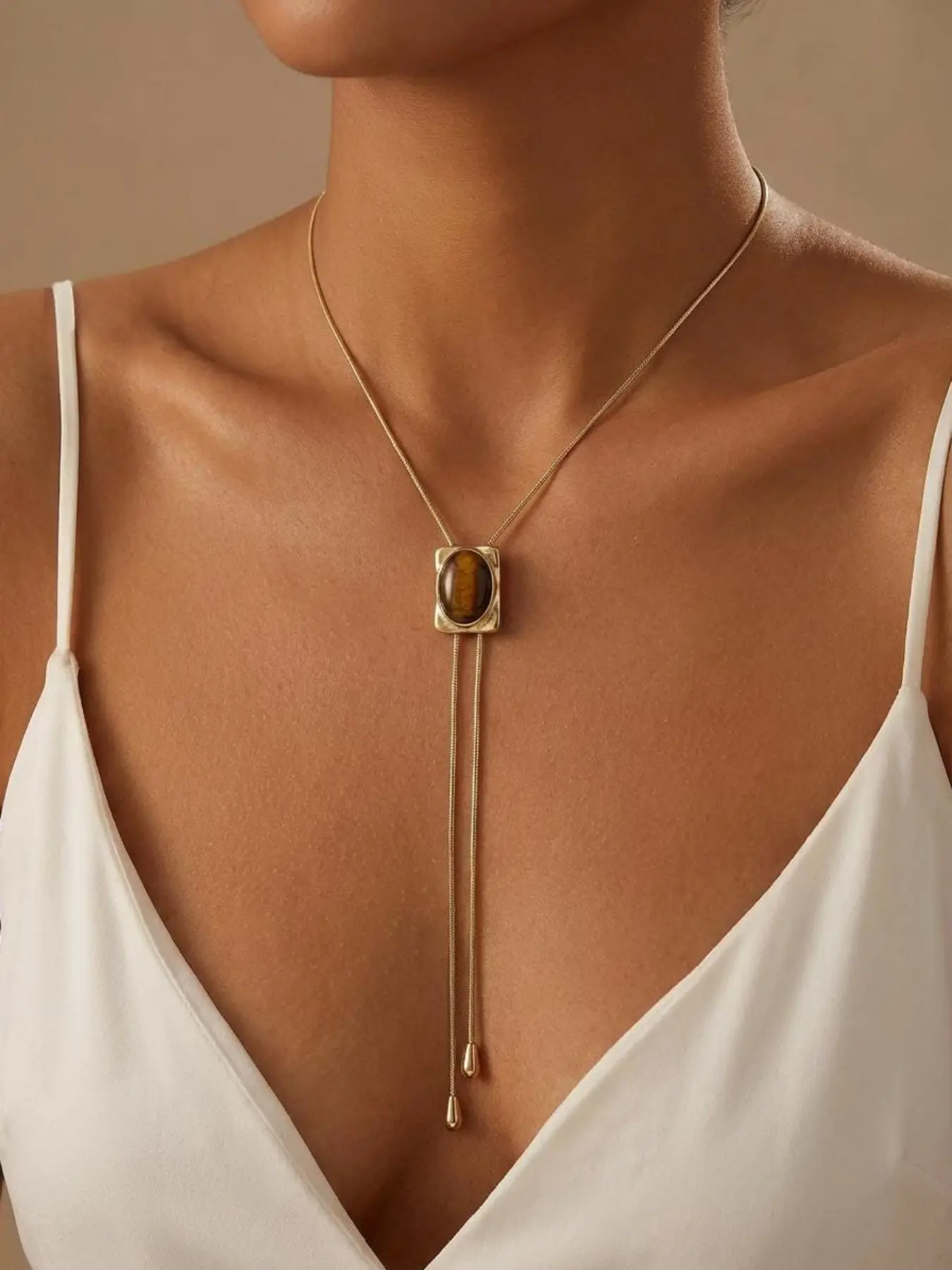 Vintage Geometric Tiger Eye Stone Necklace, Adjustable Snake Chain, Elegant Casual Jewelry, Perfect for Parties and Gifts, Adjustable Length Necklace