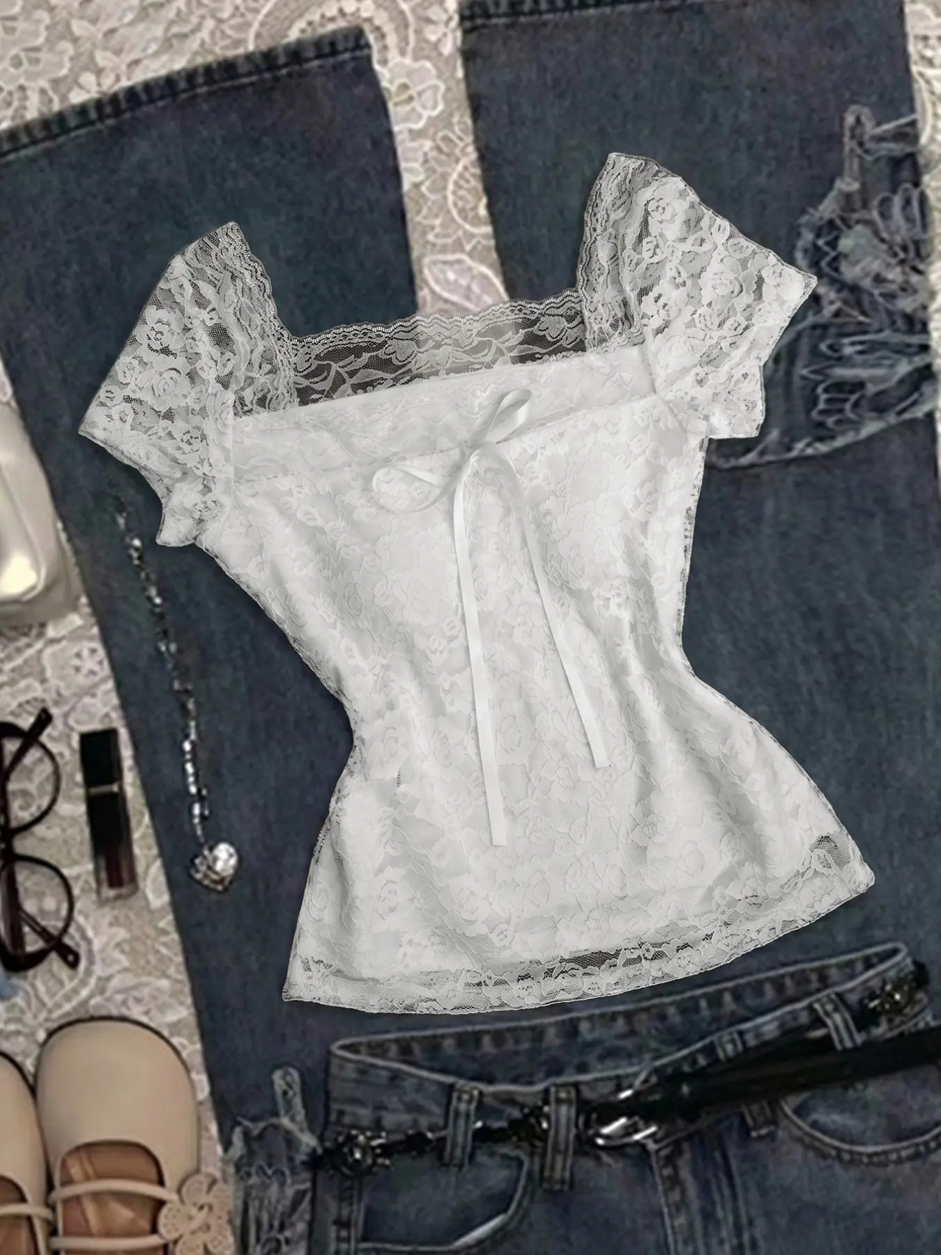 Trendy Women's Elegant Solid Color Lace Shirt with Bow Decoration, Stylish Casual Ladies' Blouse, Fashionable Butterfly Knot Design, Aesthetic Top
