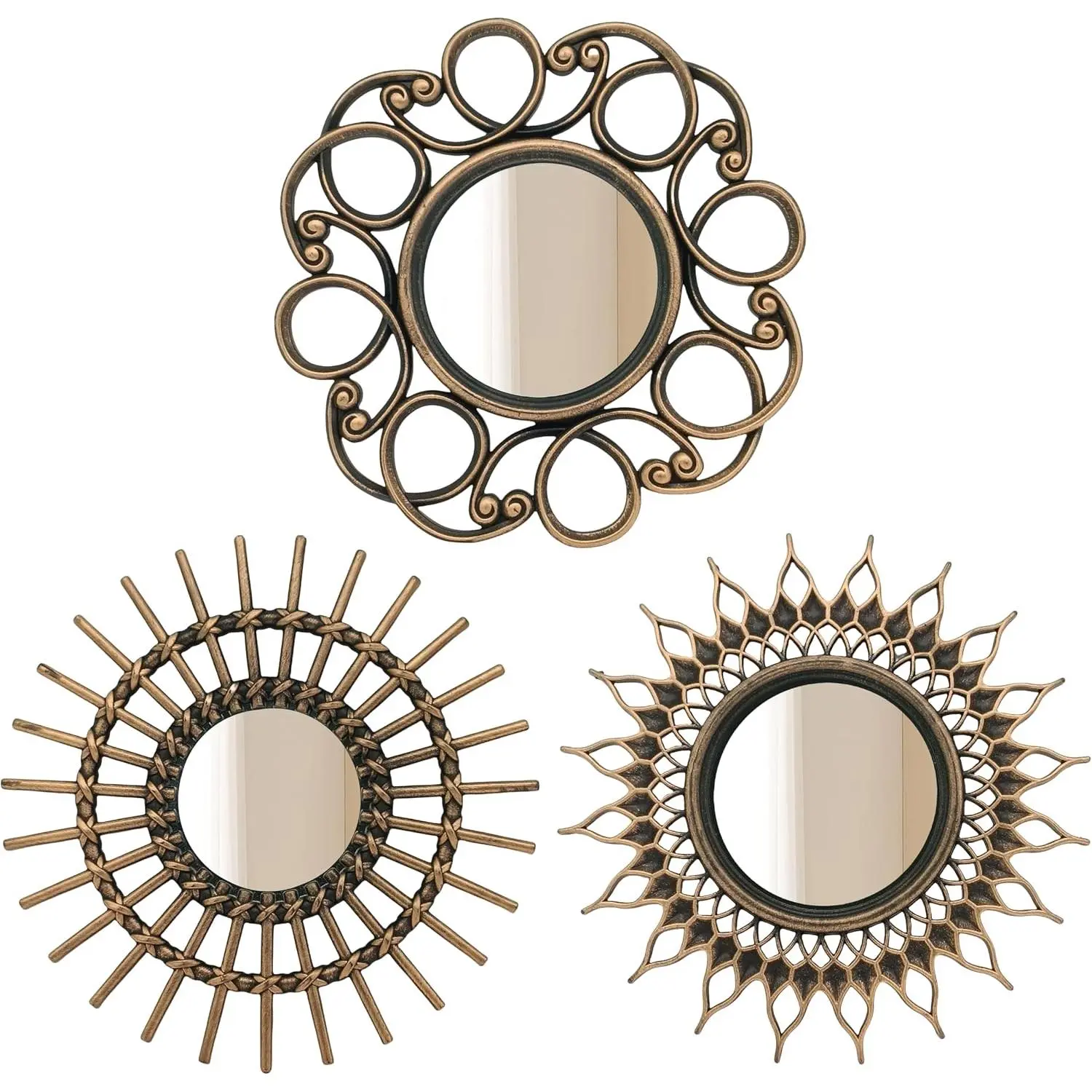 Retro  Mirrors for Wall Pack of 3. Round Mirrors. Decorative Mirrors.Small Wall Mirrors for Decor  Decor.Plastic Frames.Glass Mirrors.Make Old  Color.NOT A Large Bathroom  Mirror.