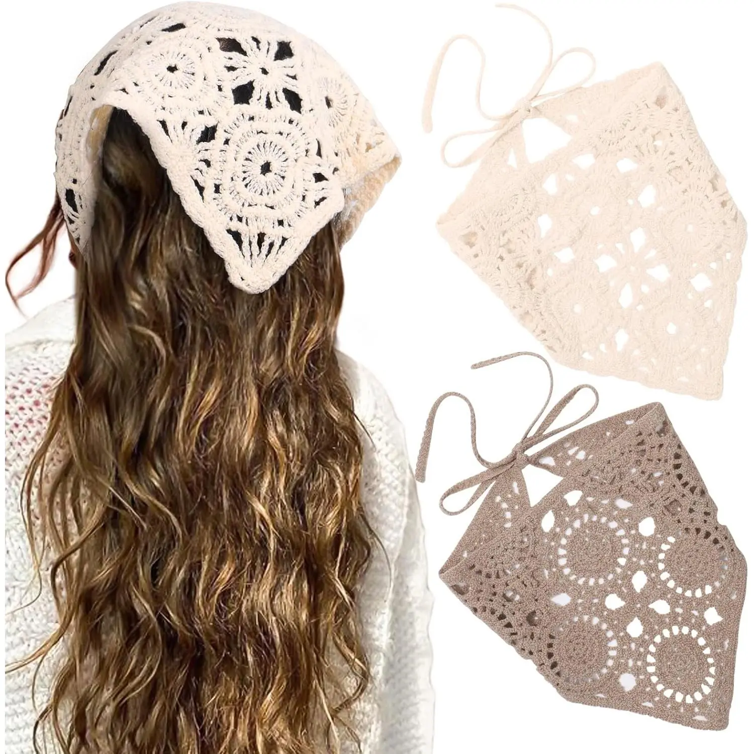 2 count Crochet Hair Bandanas Headscarf for Women Boho Hair Scarf | Kint Bandana Headband Scarf ,  Kerchief for Girls,Hair Bandana for Beach Vacations,  Festivals