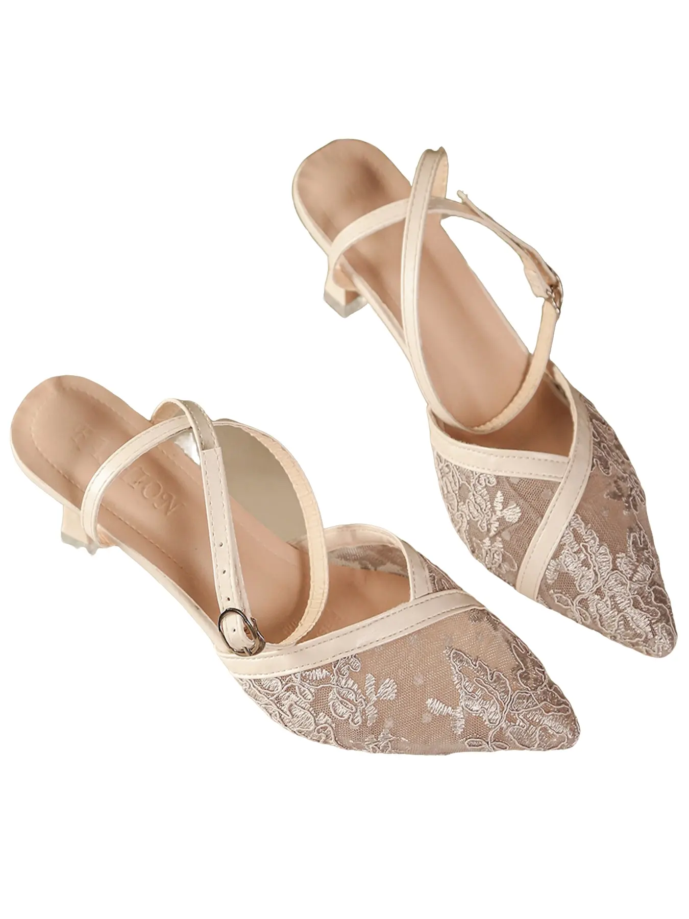 2026 Summer New Arrival, Fashionable Sandals, Lace Mesh Pointed Toe Thin Heel Sandals, Ankle Buckle Slingback Kitten Heel Women Shoes, Breathable Soft Sole, Gentle Fairy Style, Maternity Footwear For Wedding Bridal Date, Daily Commute Party Fashion Heels