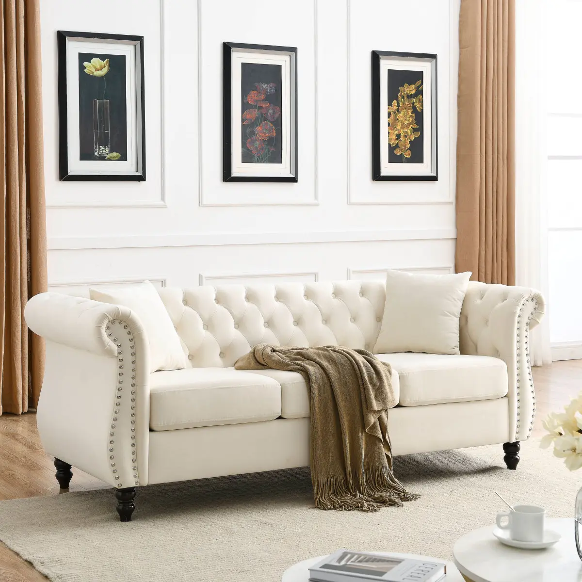80" Chesterfield Sofa 3 Seater Couch Beige Velvet for Living Room, Sofa Tufted Couches with Rolled Arms and Nailhead for Living Room, Bedroom, Office, Apartment, two pillows