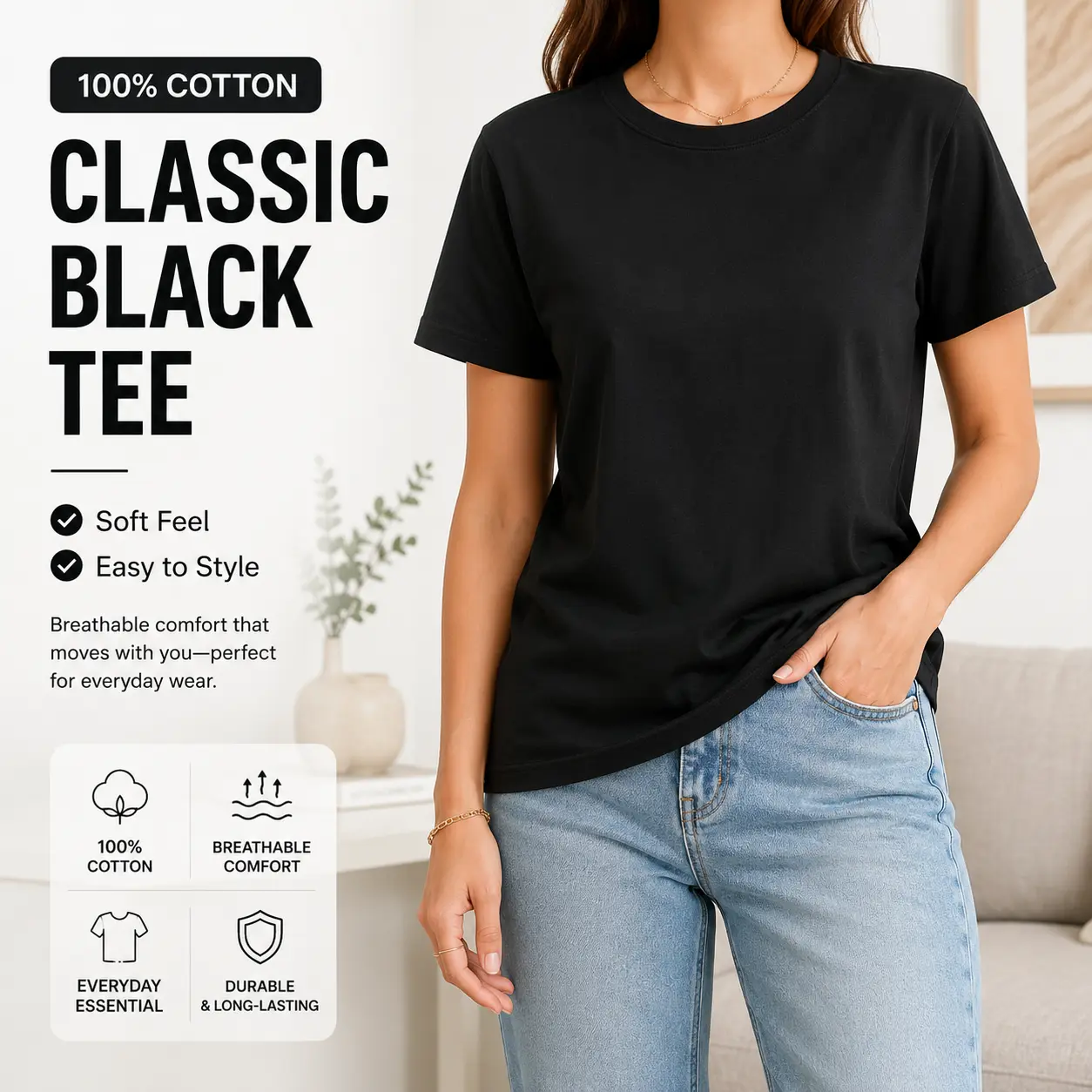 Customized Men's 100% Cotton Round Neck Short-Sleeve T-Shirt, 180 GSM Soft Breathable Fabric, Solid Color Classic Basic Crew Neck Tee, Durable Relaxed Fit Casual Top, XS-5XL Summer Essential Garment (Black)