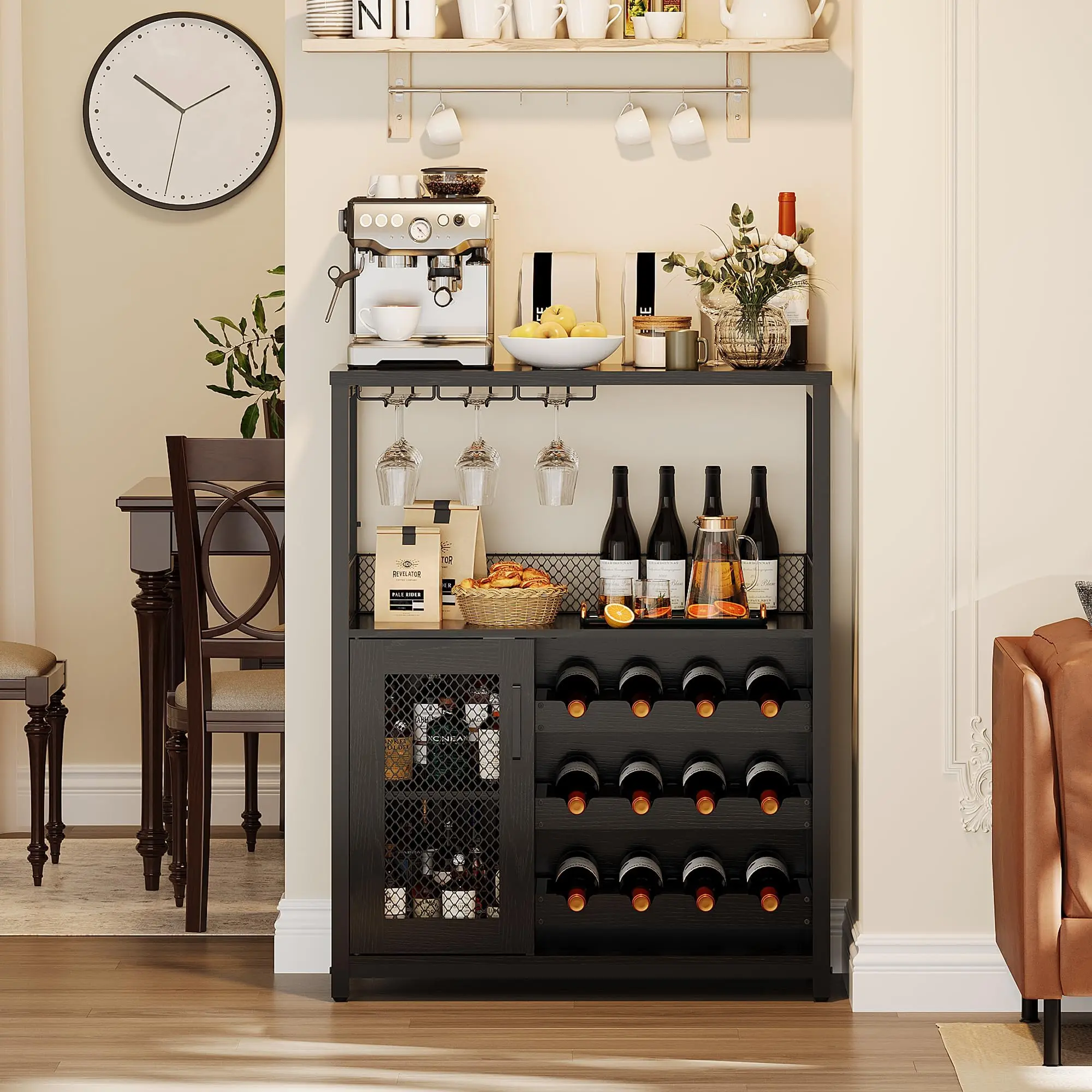 Garvee wine bar cabinet with 3 levels, with LED lights, removable wine rack and storage space, buffet cabinet with glass holder and mesh door, for kitchen, living room and bar, black