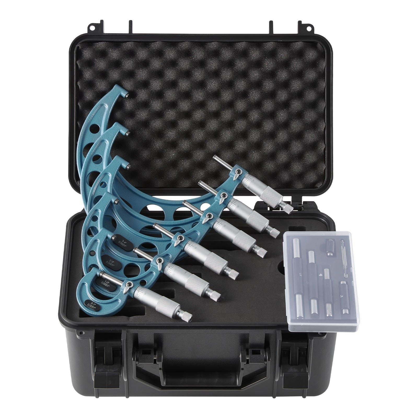VEVOR 6 PCS Micrometer Set, 0-1"/1-2"/2-3"/3-4"/4-5"/5-6" Machinist Outside Micrometer, Precision 0.0001 Accuracy, Professional Machinist Tools with Protective Case, for Metalworking & Engineering