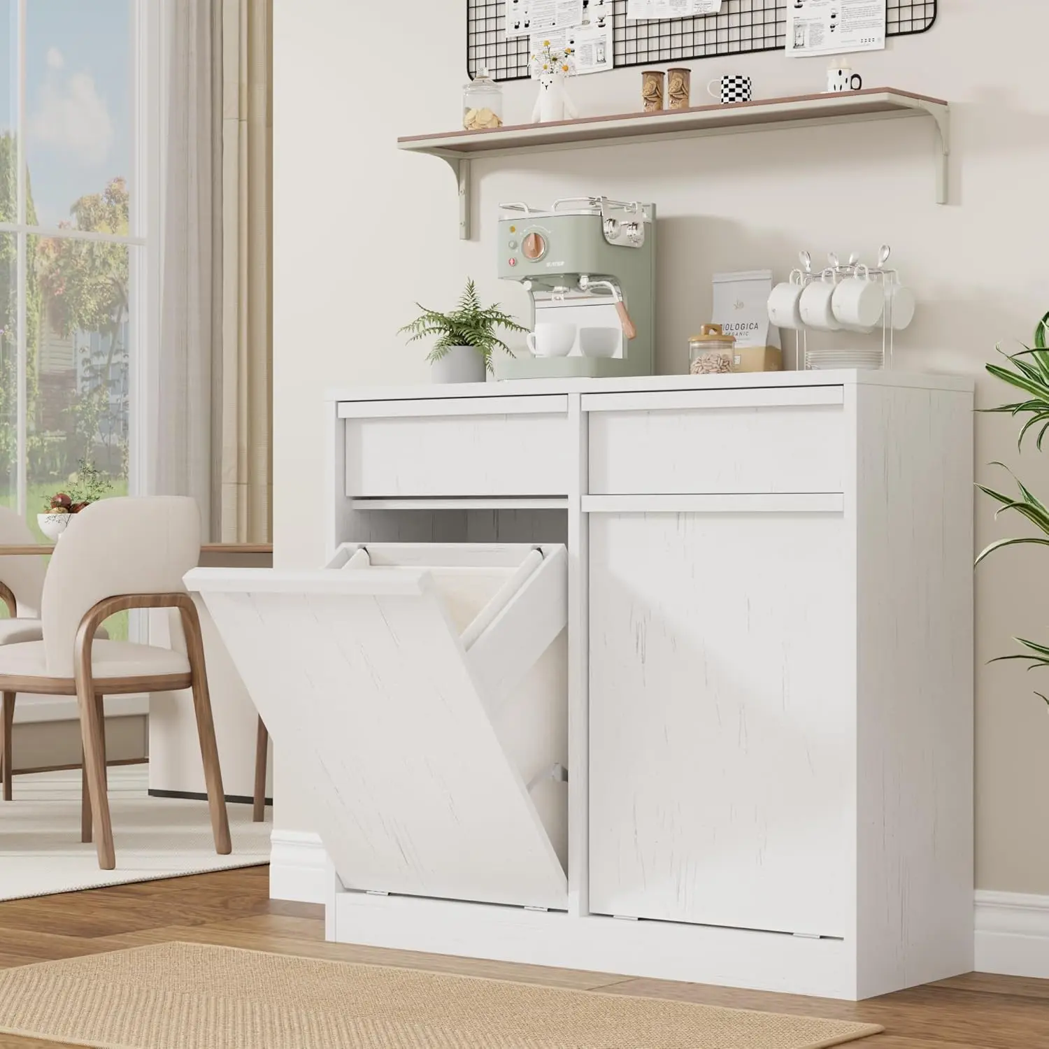 Tilt Out Laundry Hamper Cabinet,Farmhouse Trash Can Cabinet with Detachable Baskets&Drawers,Wood Hidden Trash Can Cabinet for Bathroom, Kitchen