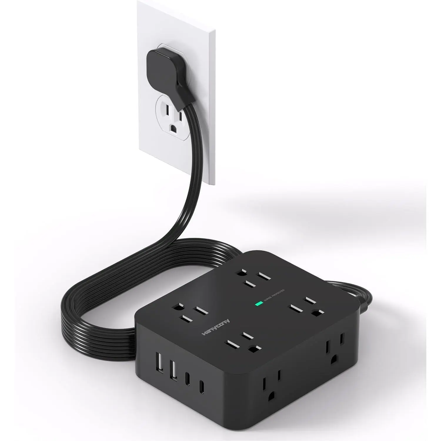 Power Strip Surge Protector,  5Ft Ultra Thin Flat Extension Cord with Multiple Outlets, 8 Widely Outlet Extender 4 USB Ports(2 USB C), 1080J Wall Mount for College Dorm Room Essentials Black