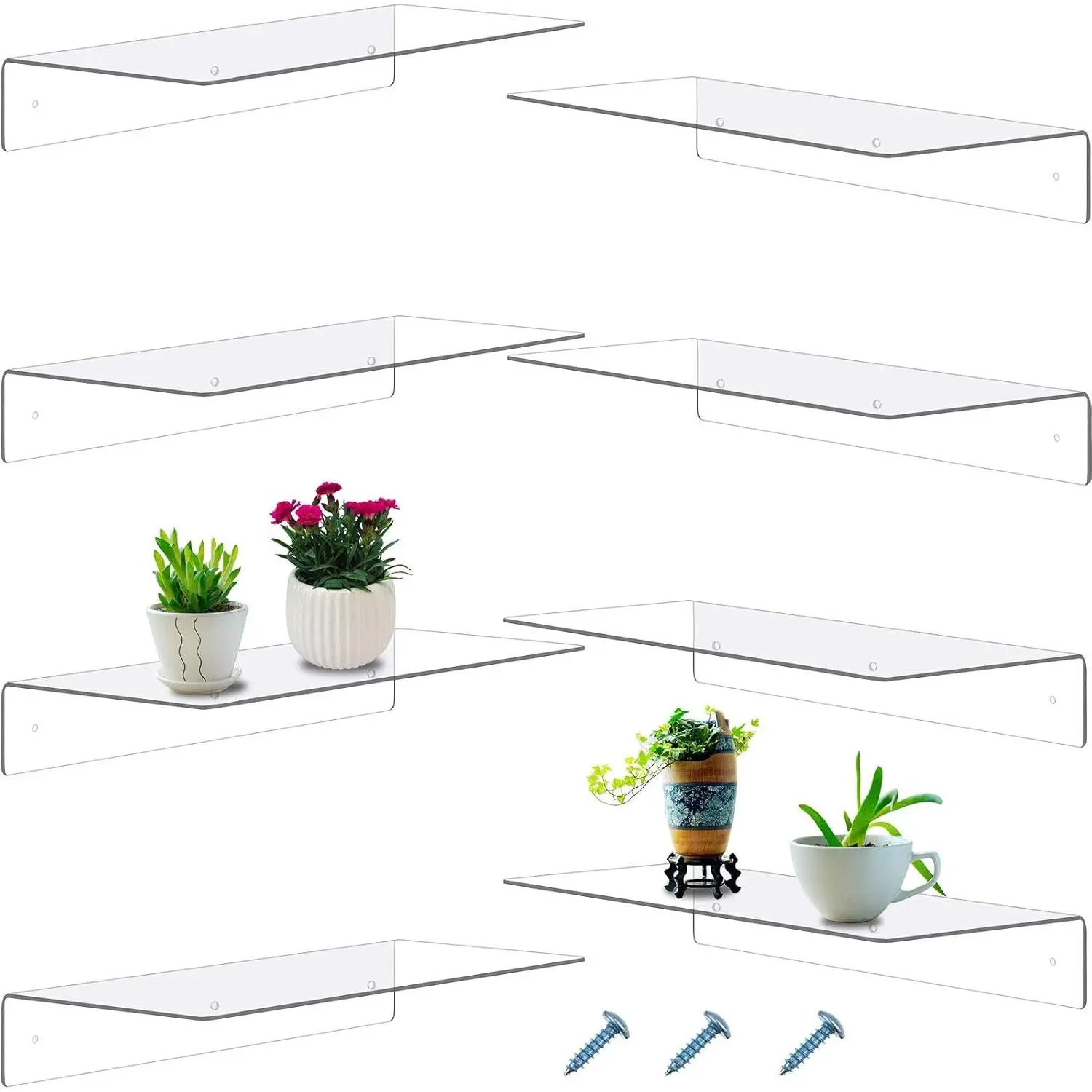 8 Pcs Acrylic Floating Shelf, 14 x 5 x 2 Inches Invisible Shelf Wall Mounted for Book Plants Picture Makeup Record Display Living Room, Bathroom, Bedroom, Kitchen, Office(Clear)