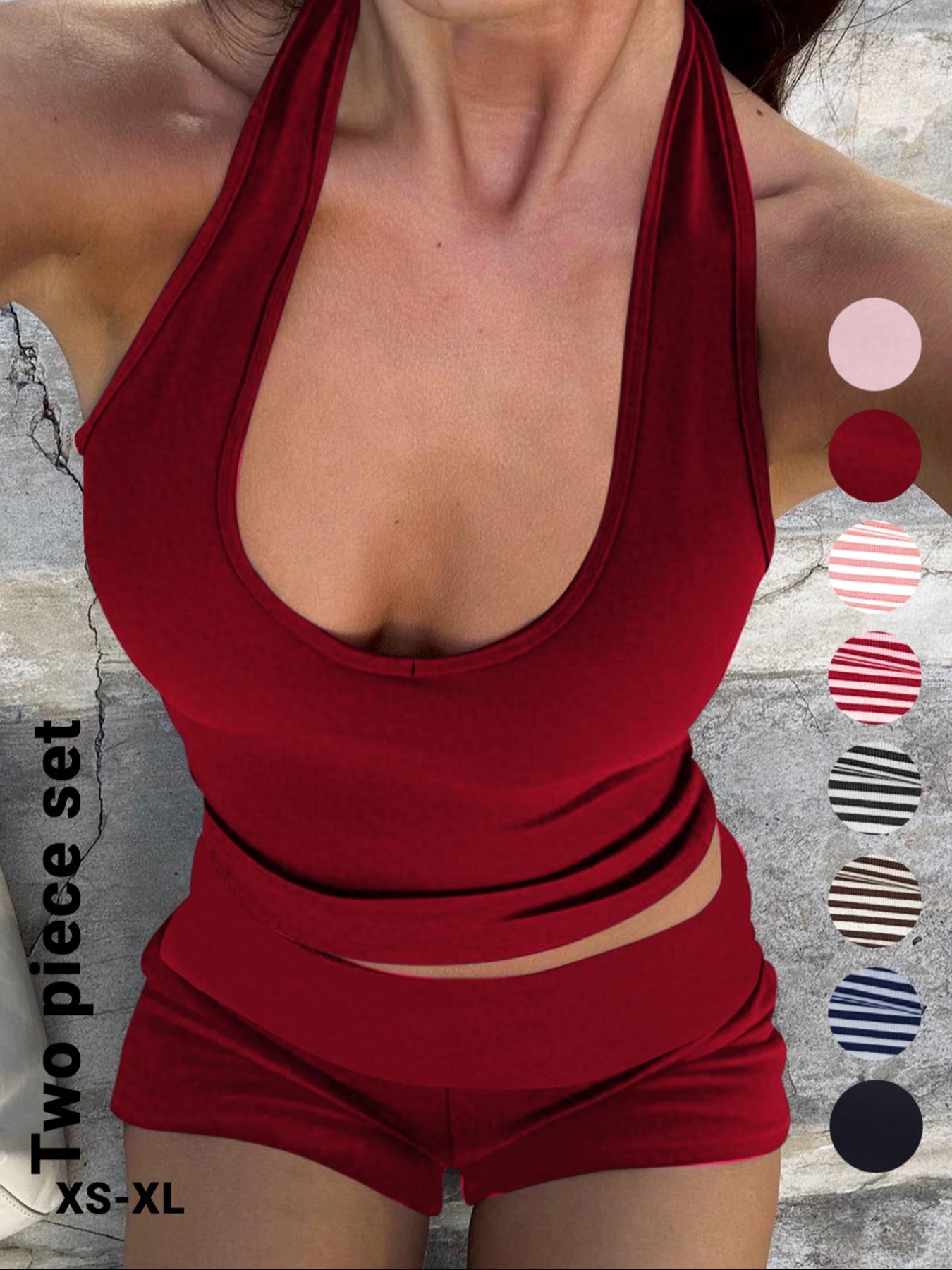 Women's Casual Striped Halter Neck Crop Top & Shorts Set, Summer Fitted Two-Piece, Regular Length, Moderate Fabric Thickness, Womenswear