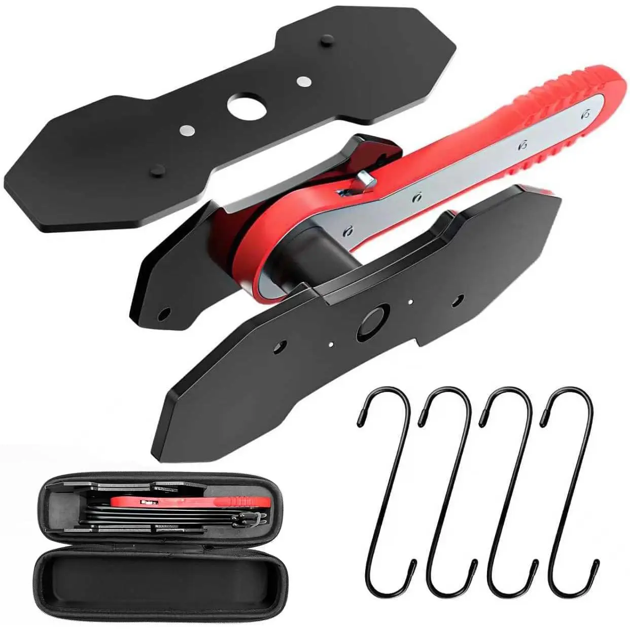 Brake Caliper Compression Tool Kit, Caliper Piston Compressor Tool, 360° Ratchet Piston Press with 4 Hooks & 2 pcs Large Steel Plate for Single Twin Quad Sextuplet Piston Disc Brake Caliper (Red)