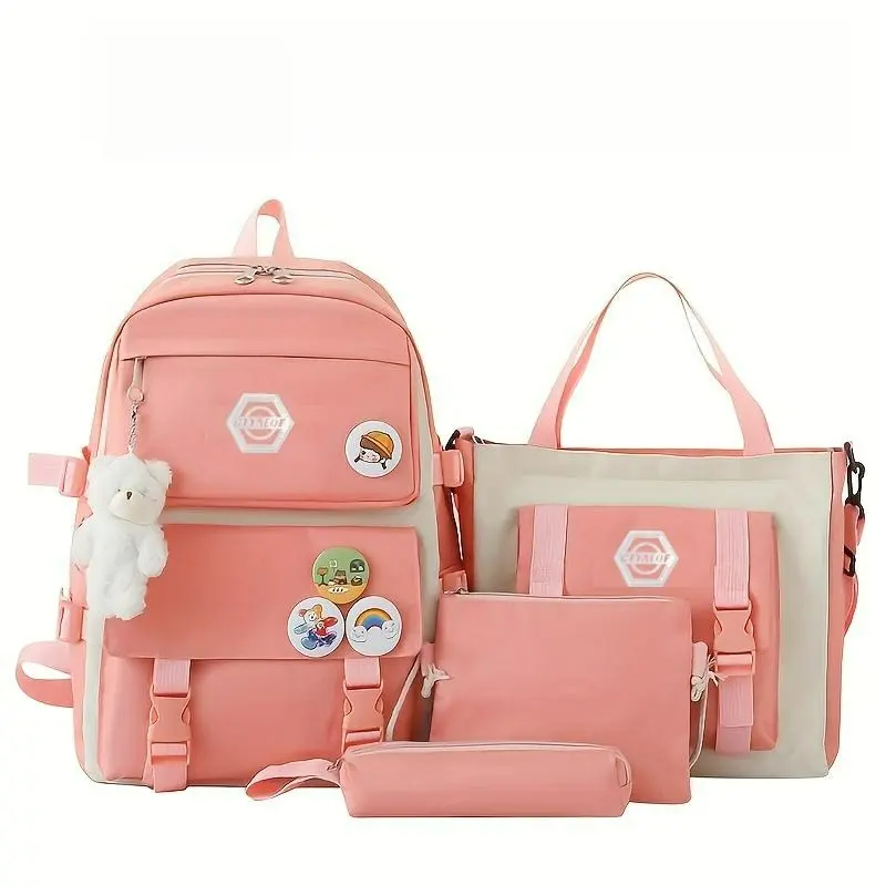 Cute School Backpack 4Pcs Set, Large Capacity Canvas Daily Backpack Bookbag with Tote Pouch & Pencil Case, Casual Cute Backpacks for Students Daily Travel Use,TikTokShopBackToSchool