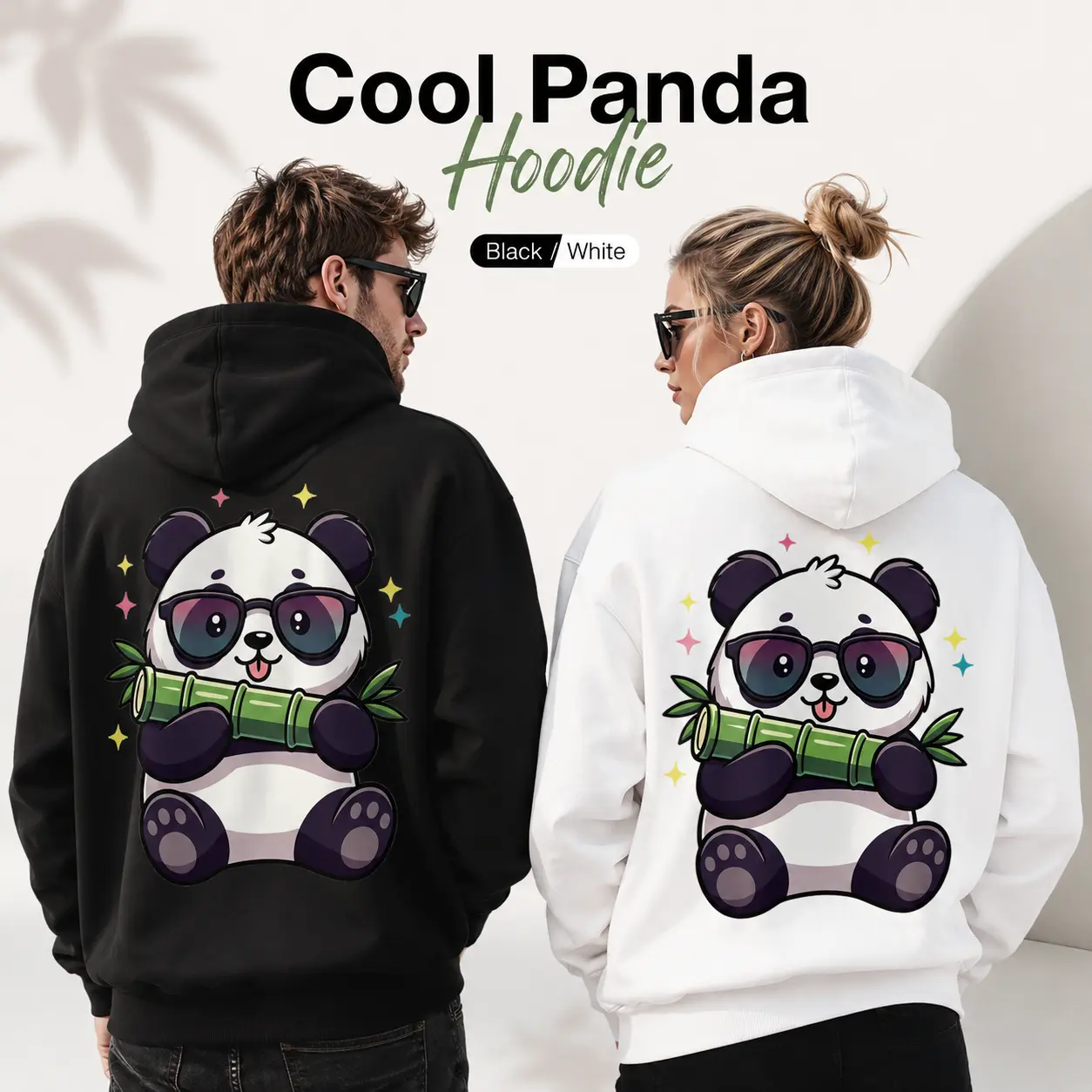 Unisex Oversized Ribbed Pandagraphic Hoodie - Cargo-Inspired Casual Streetwear Pullover with Cute Panda Back Print, Matching Colorful Vibe, Black White Men's Women's Sweatshirt, Soft, Comfortable, Cotton