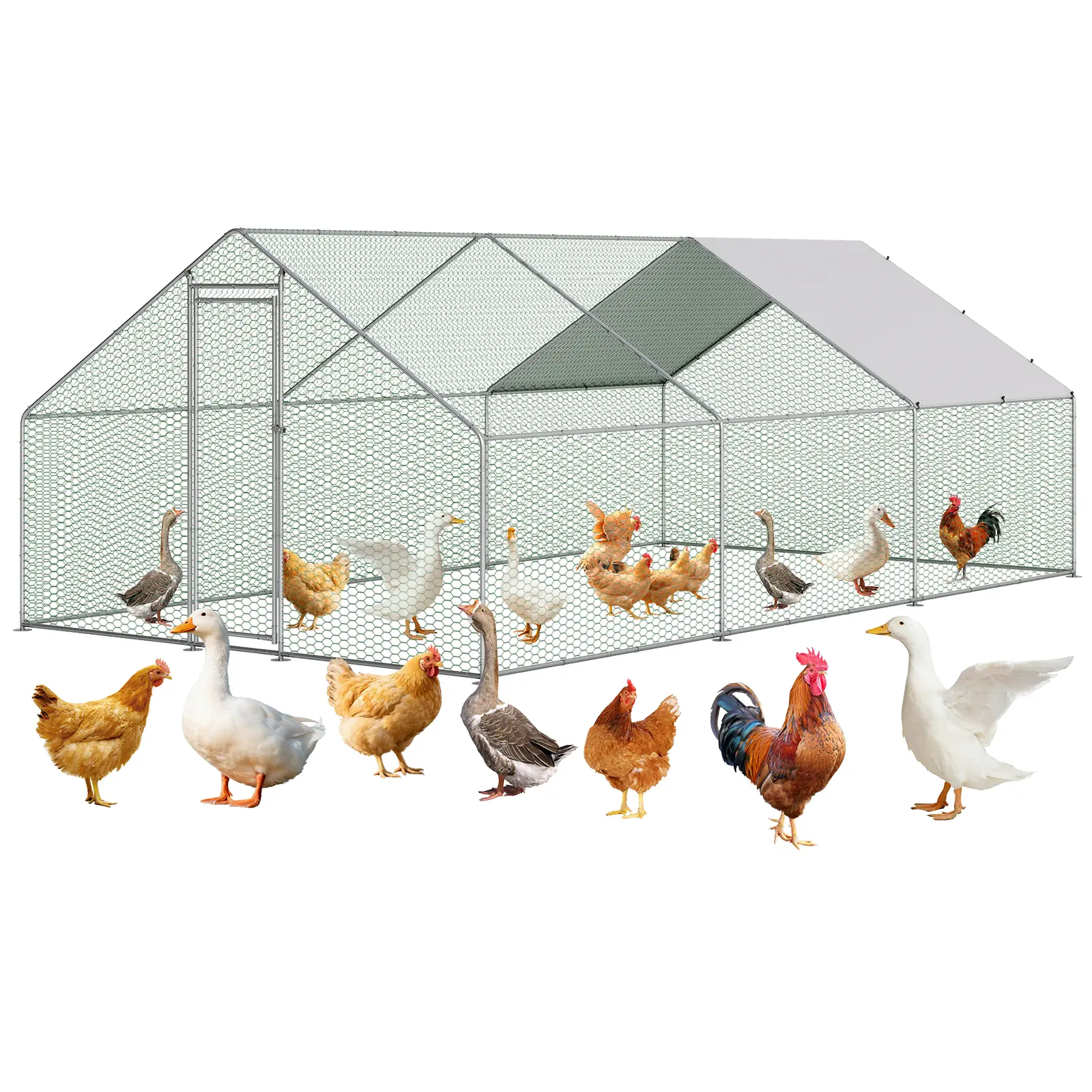 Large Walk-In Metal Chicken Coop, Galvanized Steel Outdoor Poultry Run with Waterproof Anti-UV PE Cover, Lockable Door, Hex Wire Mesh, Backyard Hen House Cage for Chickens, Ducks, Rabbits, Geese, Farm & Garden, Multiple Sizes for Outdoor Use