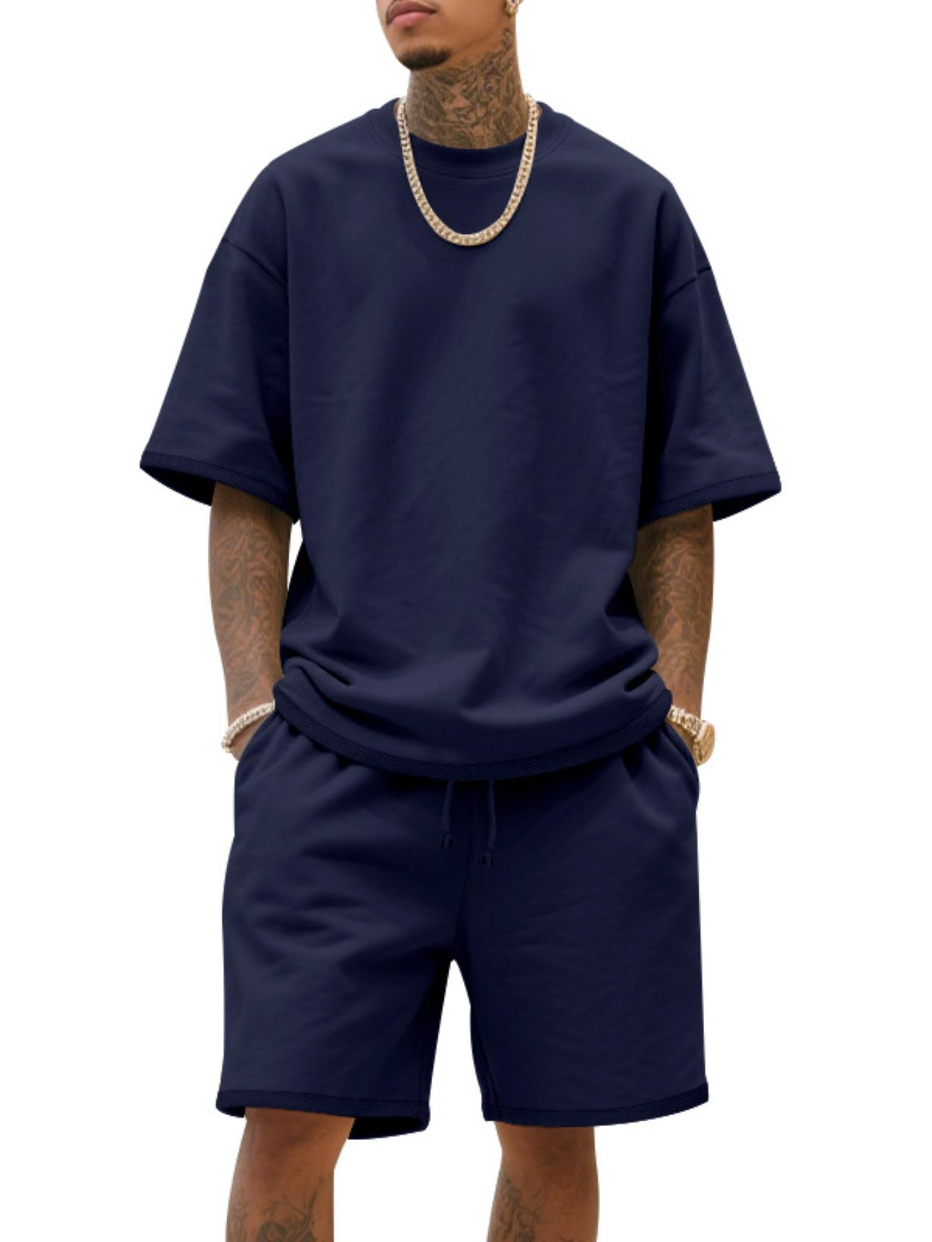 Men's Summer Casual Set, Pure Color Round Neck Short Sleeve Knit Tee & Shorts, Classic Loose Fit Sportswear, Comfortable Daily Wear Outfit