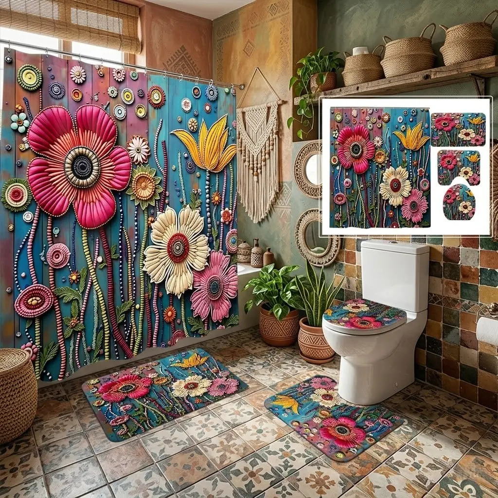 4pcs Colorful Boho Folk Art Flower Shower Curtain Set, Whimsical Embossed Floral Print, The floor mat fabric is thicker and softer! Vibrant Botanical Bathroom Decor, Bohemian Home Refresh