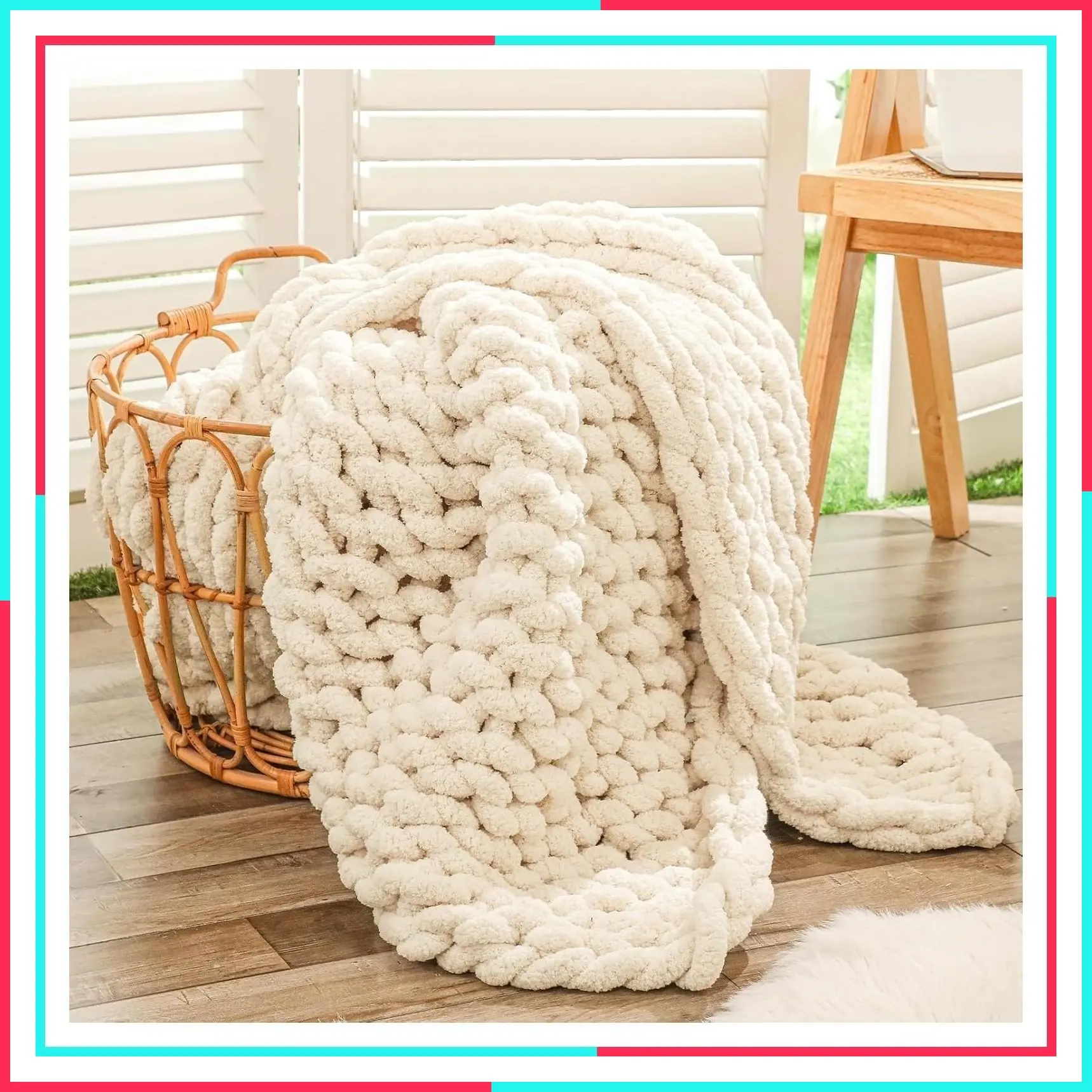 Chunky Knit Throw Blanket for Couch, Sofa, Bed, Living Room, 40x60 Inches, Beige Hand Knit with Jumbo Chenille, Soft Breathable Cable Knit, Machine Washable, Gift for Mom Friend