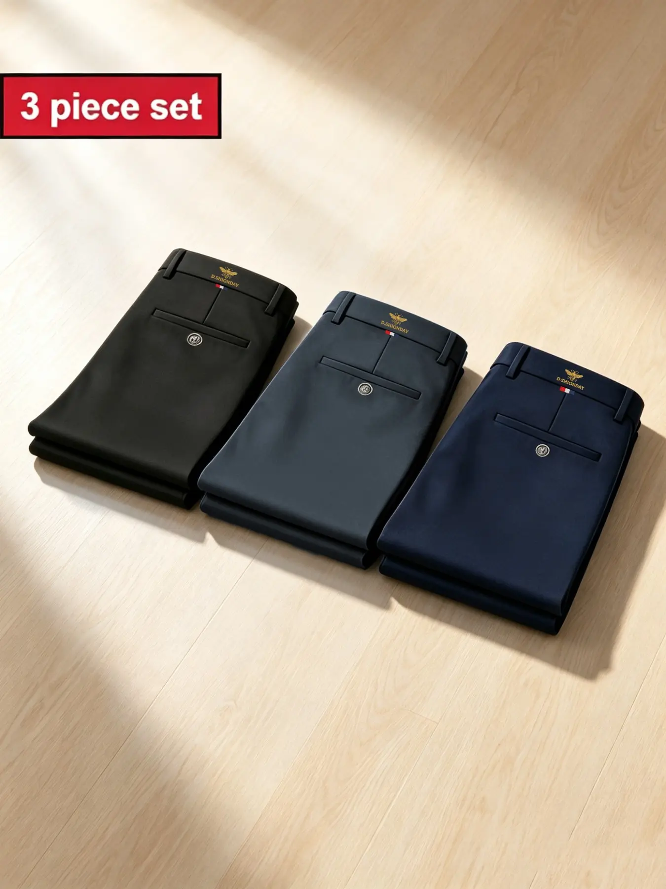 Three-Piece Men's Business Blazer Pants, Embroidery, Elastic Long Office Pants, Straight Leg Casual Wear, All Seasons