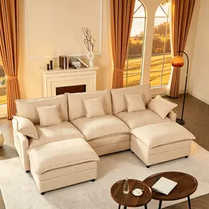 2 Packages Shipping]108" U-Shaped Modular Sectional Sofa - Comfy Cloud 3-Seater with 2 Movable Ottoman, Cloud Sofa,Deep Seat Linen Couch for Living Room, Beige Color ,Comfort & Stylish Design,Chenille pink