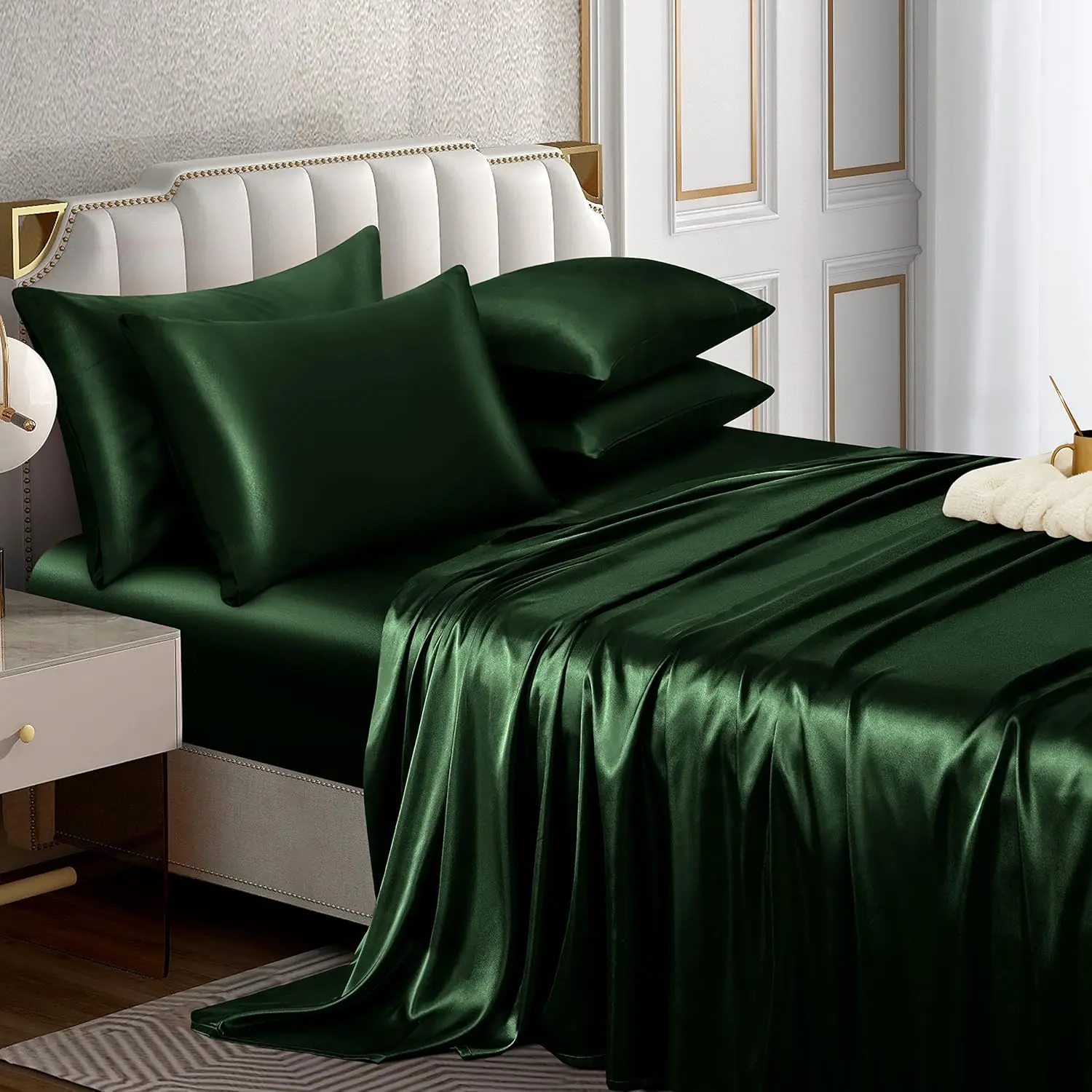 6 Piece Satin Sheet Set Queen Size Luxury Silky & Soft Emerald Green Satin Queen Bed Sheet Set with 16" Deep Pocket, 1 Fitted Sheet, 1 Flat Sheet, 4 Pillowcases