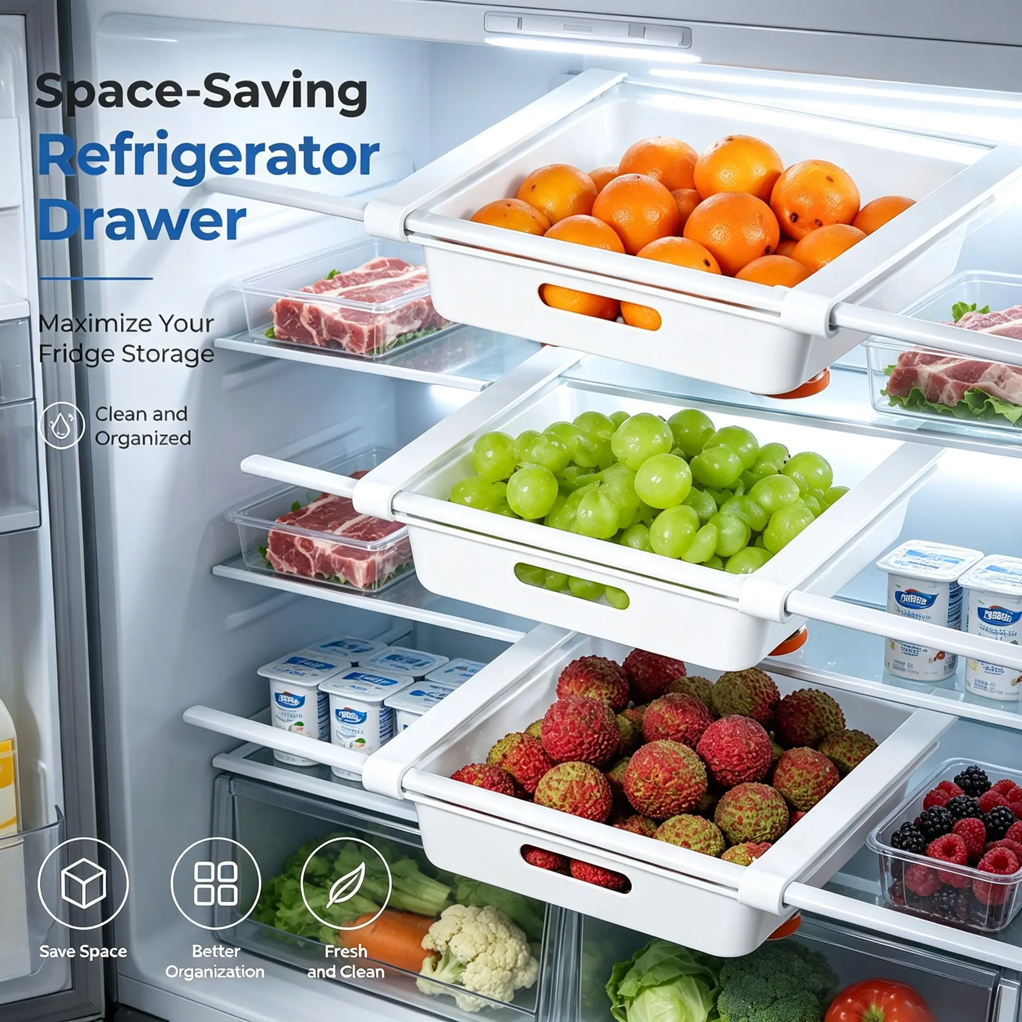 Space-Saving Refrigerator Storage Trays, Pull-Out Organizer Bins, Utilize Under-Shelf Gaps, Ideal for Small Apartments, 2-Pack